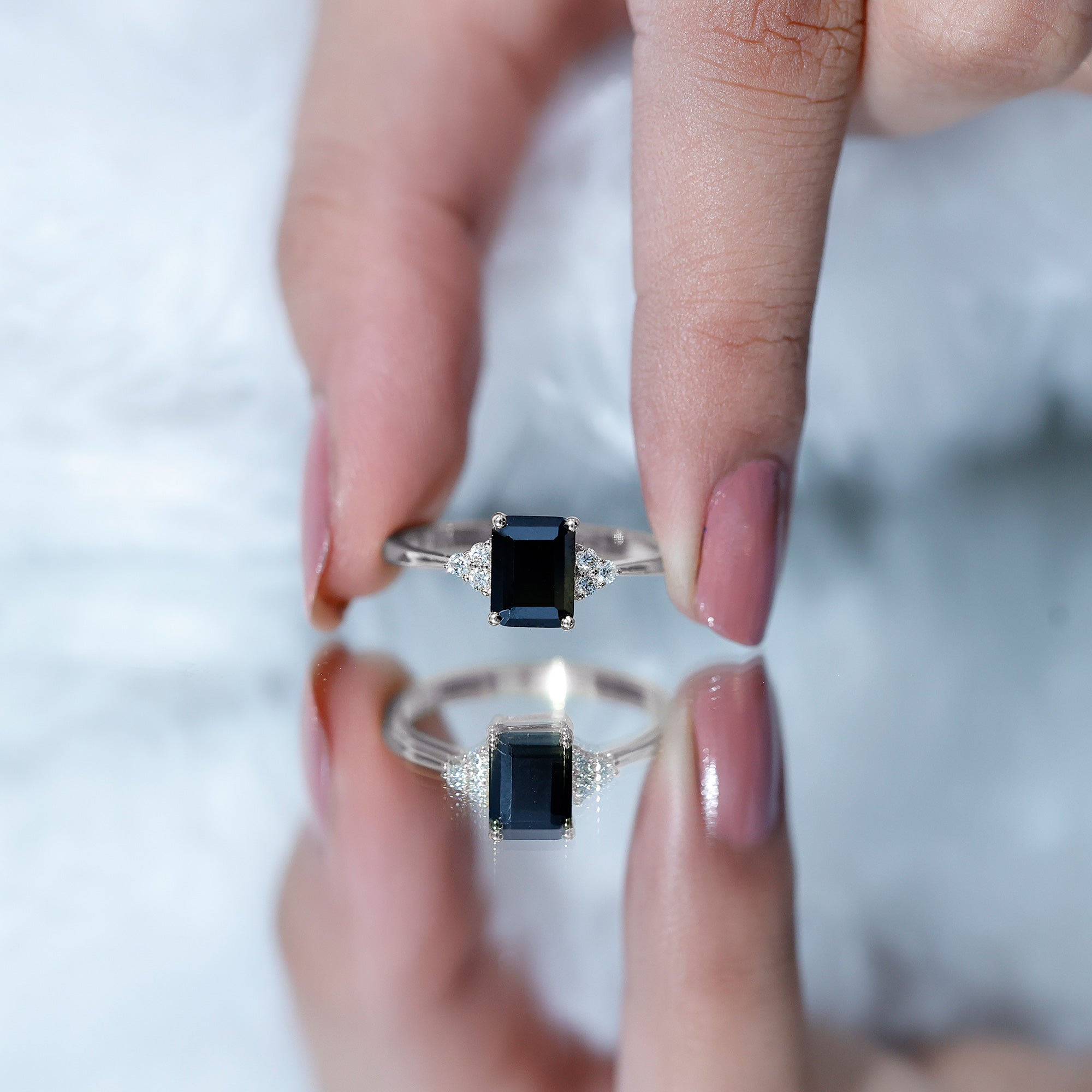 1.6 Carat Lab Grown Black Diamond Emerald Cut Engagement Ring with White Diamond AAAA ( Synthetic ) - Rosec Jewels