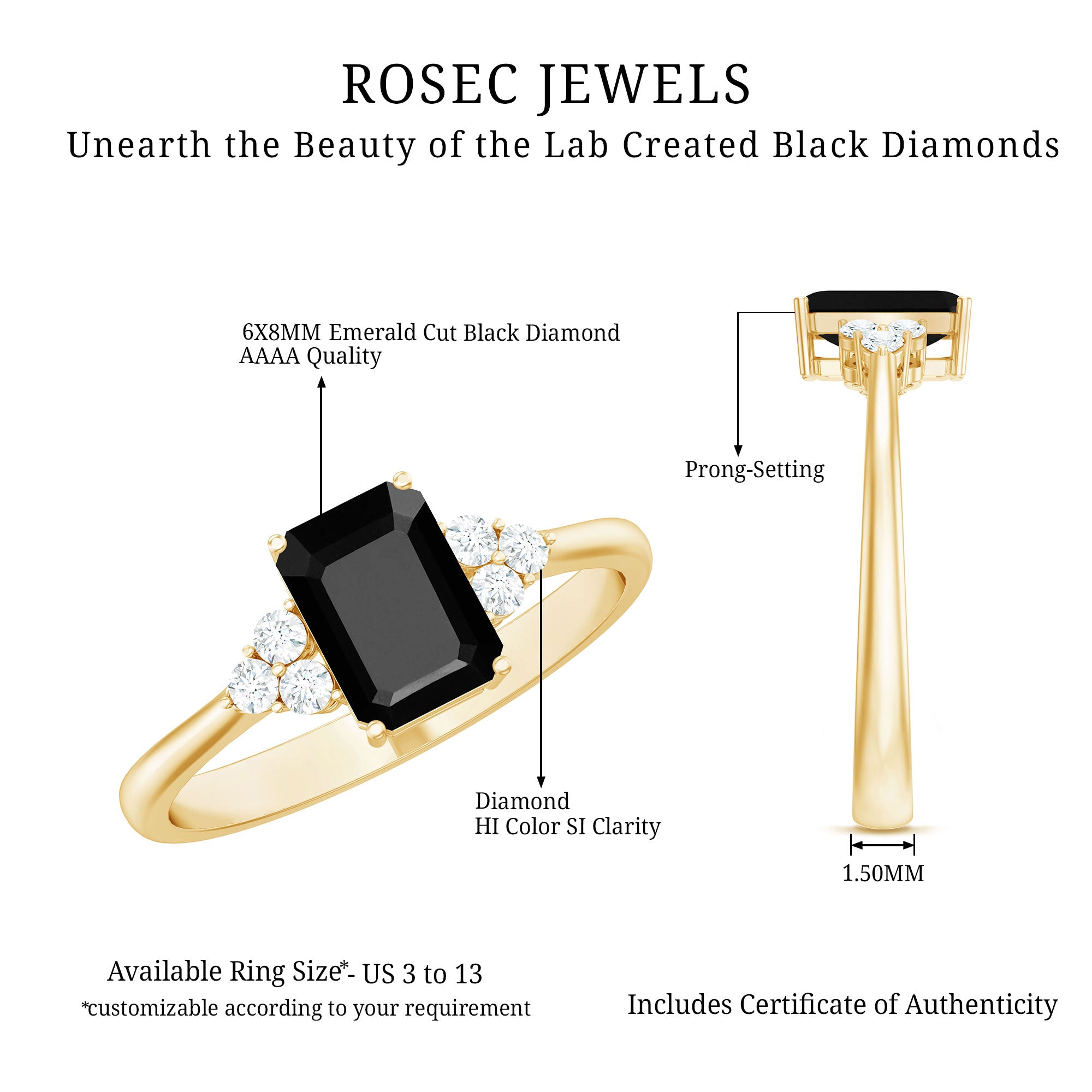 1.6 Carat Lab Grown Black Diamond Emerald Cut Engagement Ring with White Diamond AAAA ( Synthetic ) - Rosec Jewels