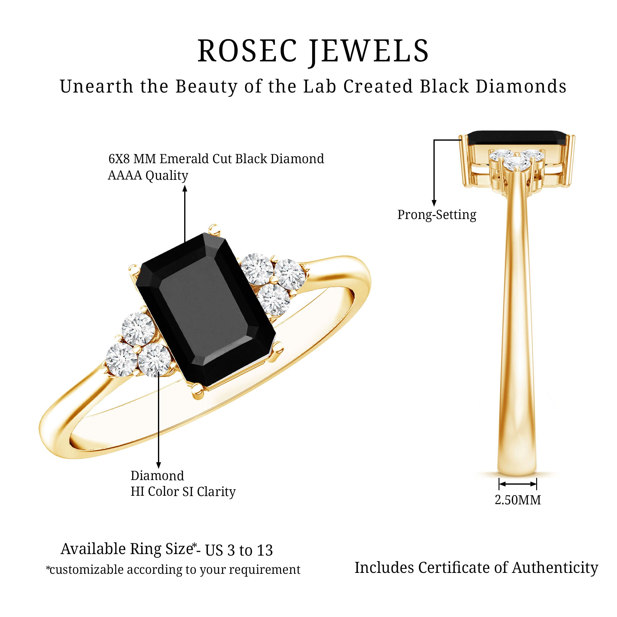 1.6 Carat Lab Grown Black Diamond Emerald Cut Engagement Ring with White Diamond AAAA ( Synthetic ) - Rosec Jewels