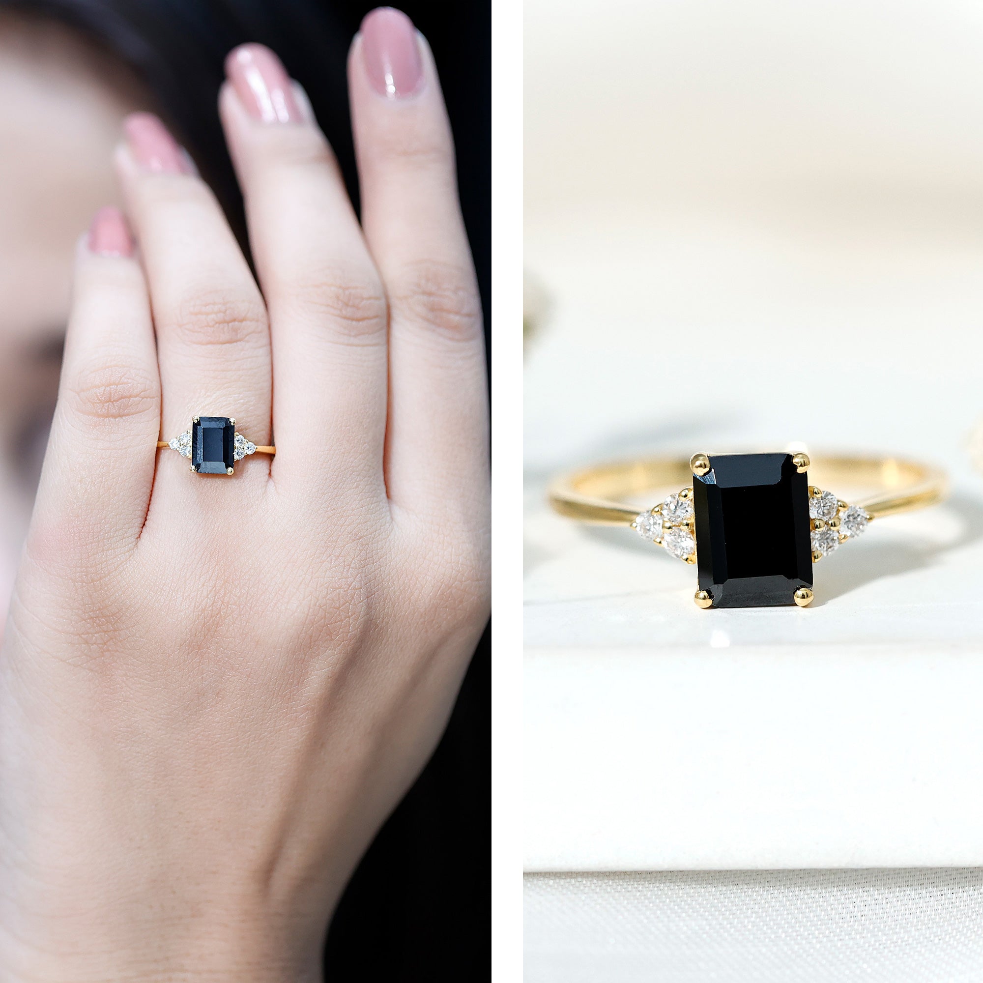1.6 Carat Lab Grown Black Diamond Emerald Cut Engagement Ring with White Diamond AAAA ( Synthetic ) - Rosec Jewels