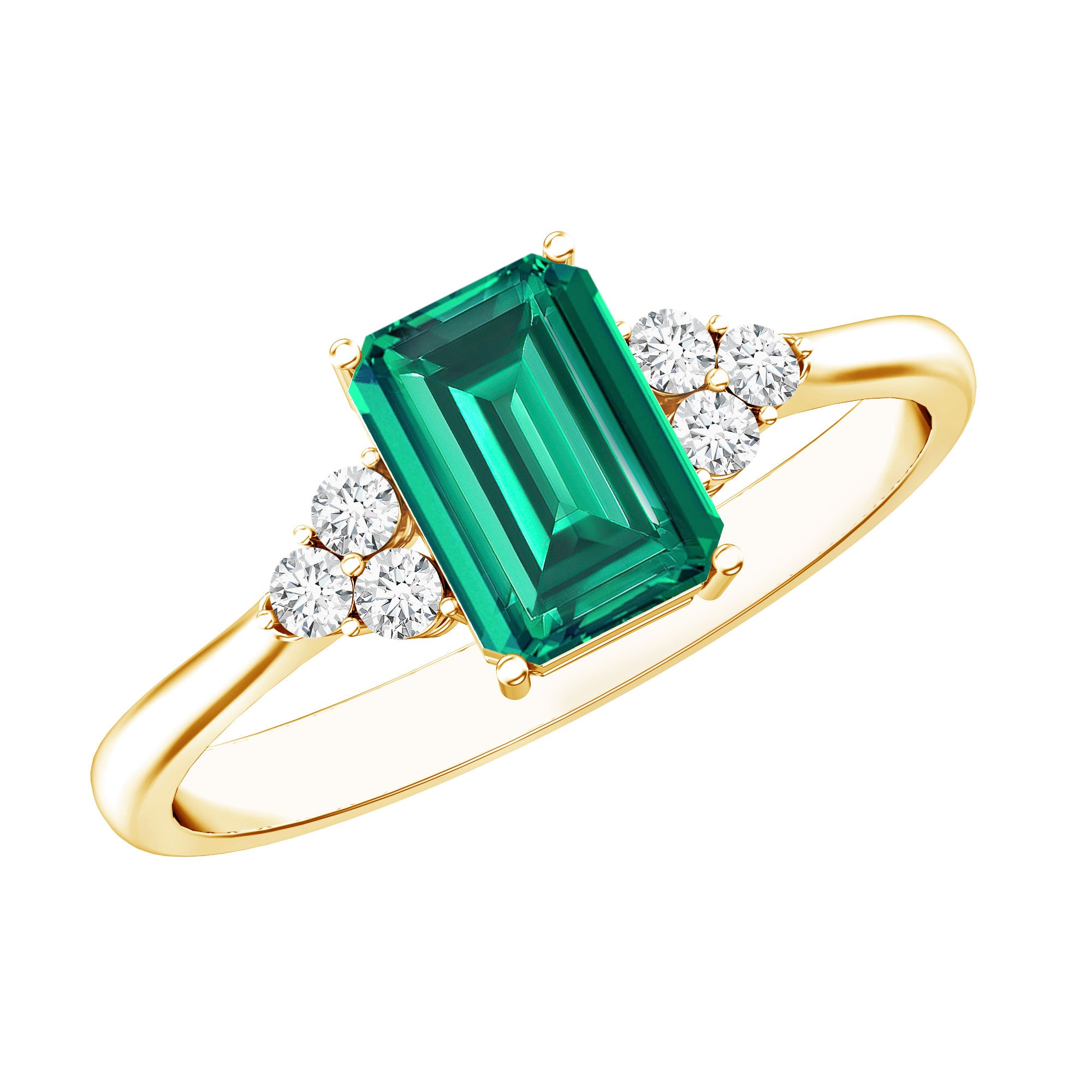 Certified 6X8 mm Lab Grown Emerald Cut Emerald Engagement Ring with Diamond Trio AAAA - Rosec Jewels