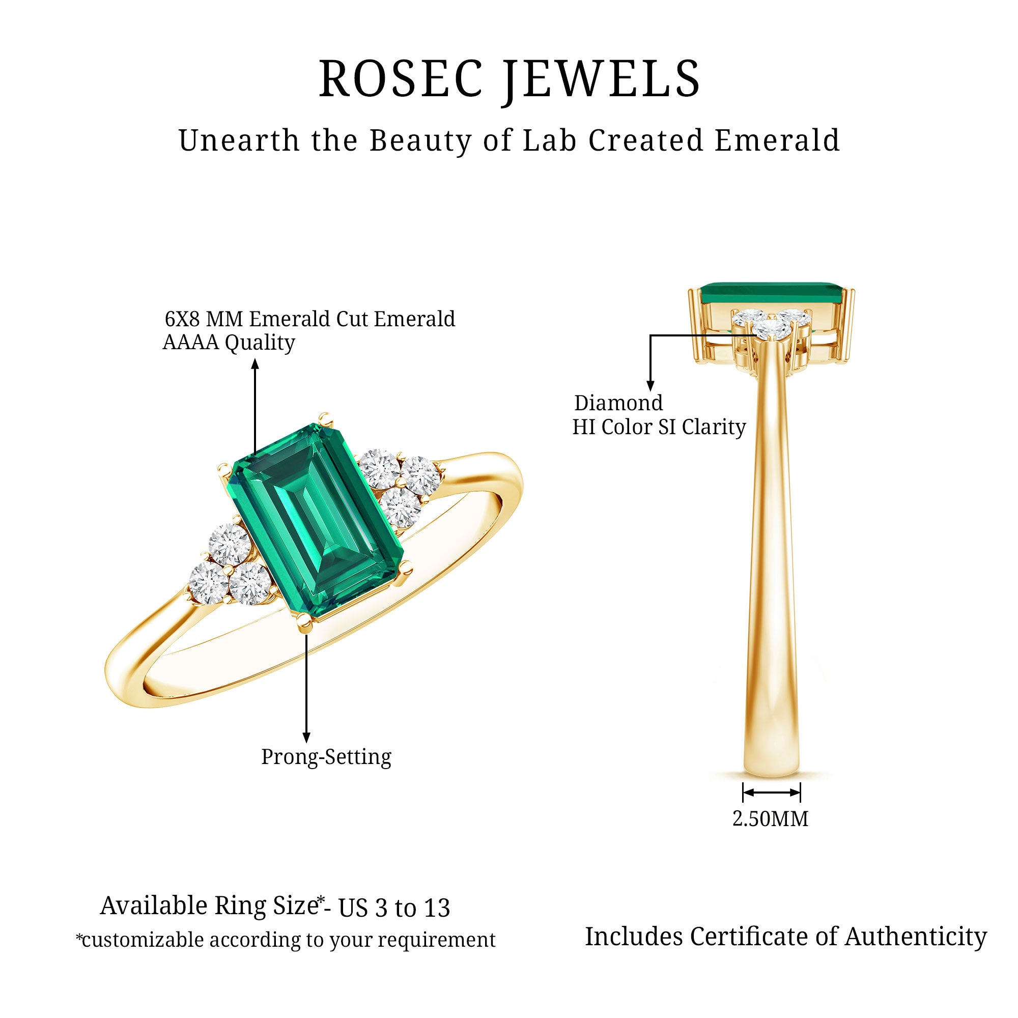 Certified 6X8 mm Lab Grown Emerald Cut Emerald Engagement Ring with Diamond Trio AAAA - Rosec Jewels