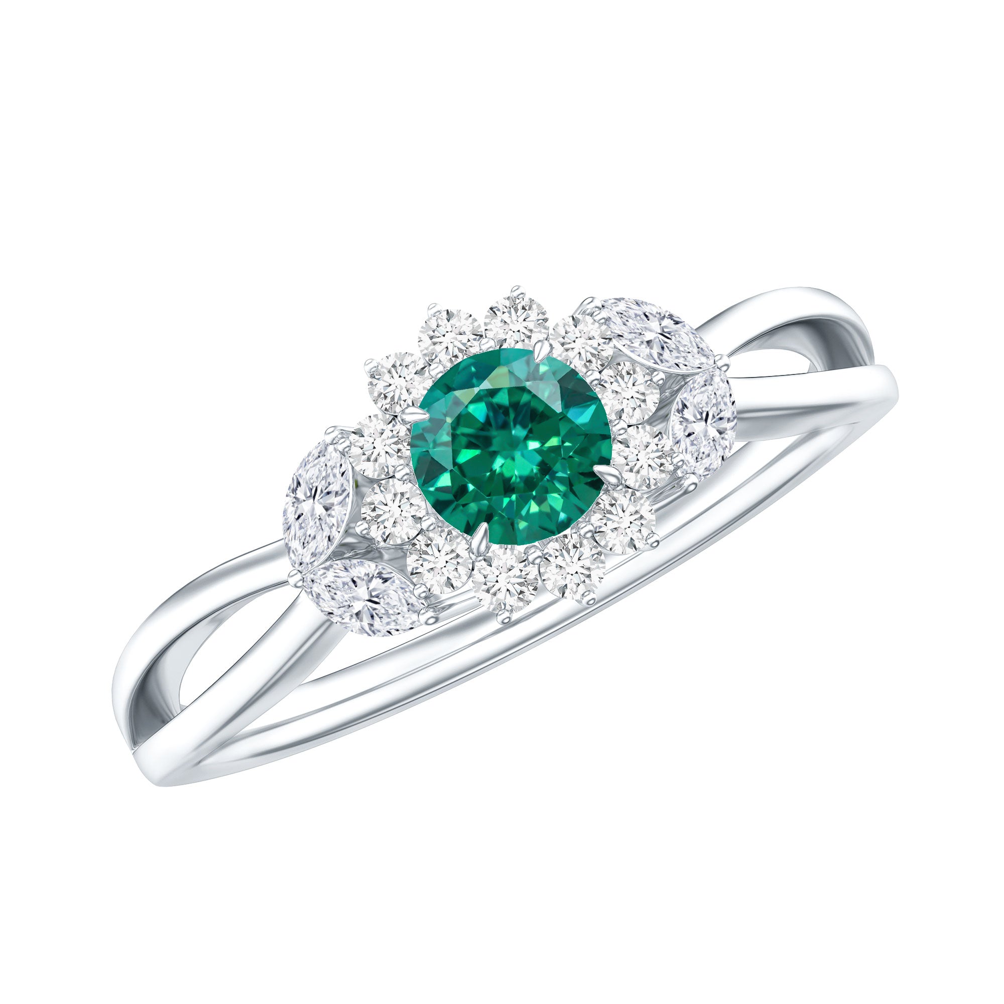 Certified Lab Grown Emerald Diamond Flower Engagement Ring with Split Shank AAAA - Rosec Jewels