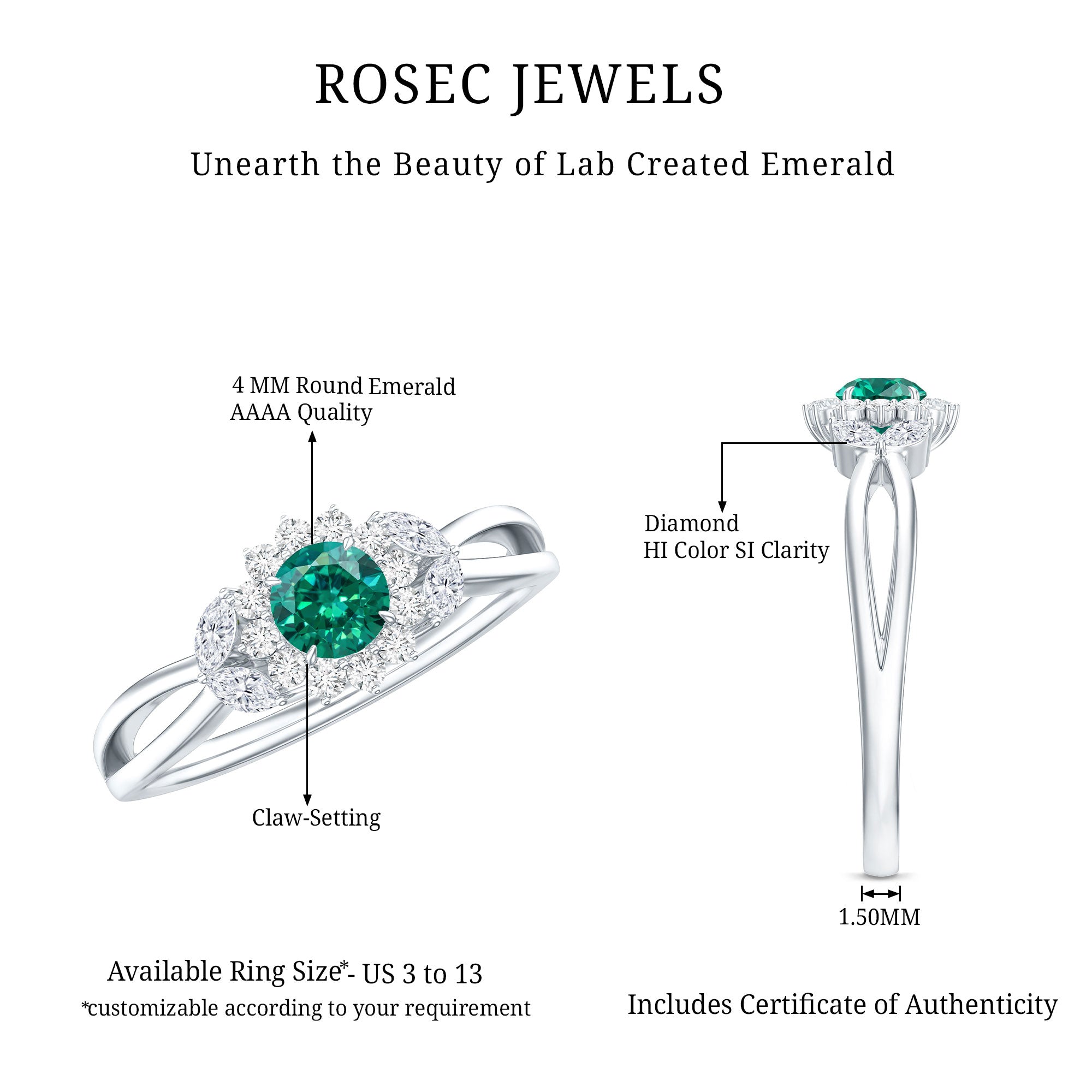 Certified Lab Grown Emerald Diamond Flower Engagement Ring with Split Shank AAAA - Rosec Jewels