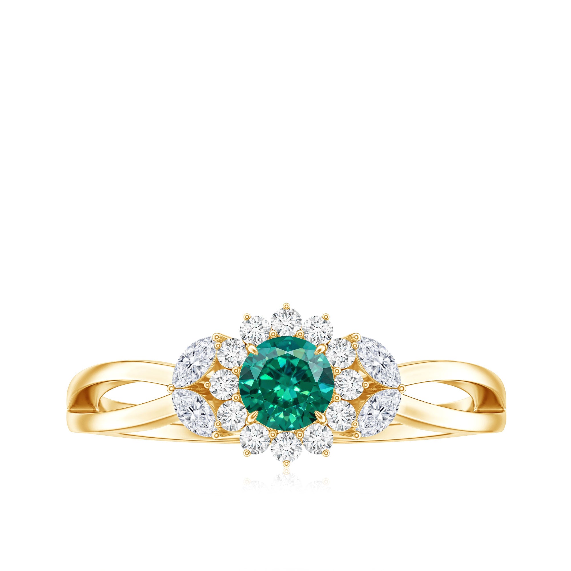 Certified Lab Grown Emerald Diamond Flower Engagement Ring with Split Shank AAAA - Rosec Jewels
