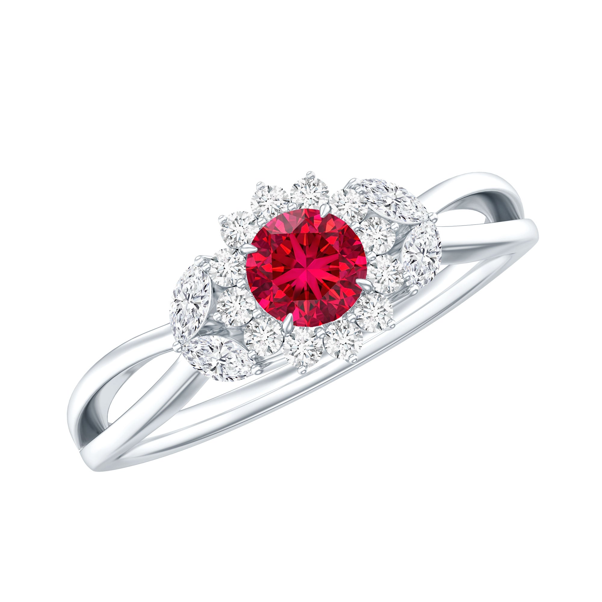Created Ruby and Moissanite Flower Engagement Ring in Split Shank