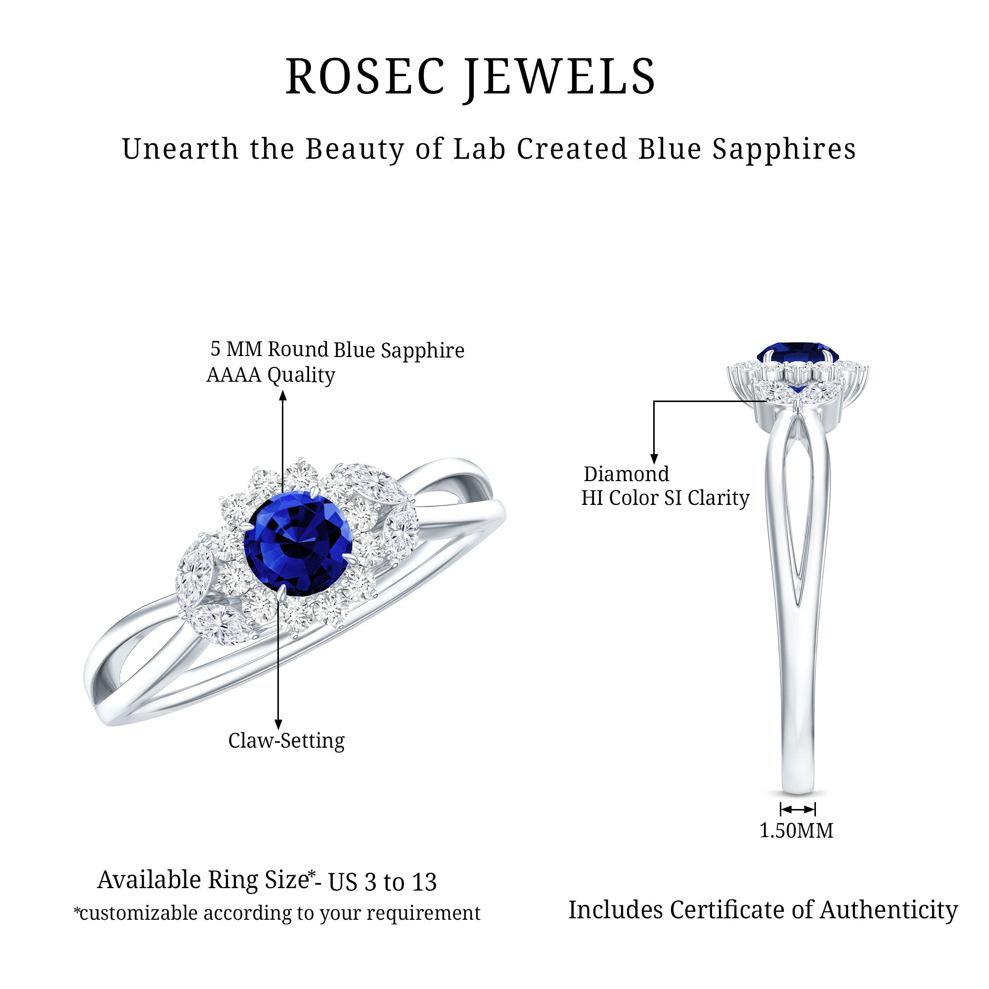 Nature Inspired 0.6 Carat Lab Grown Blue Sapphire Engagement Ring with Diamond AAAA - Rosec Jewels