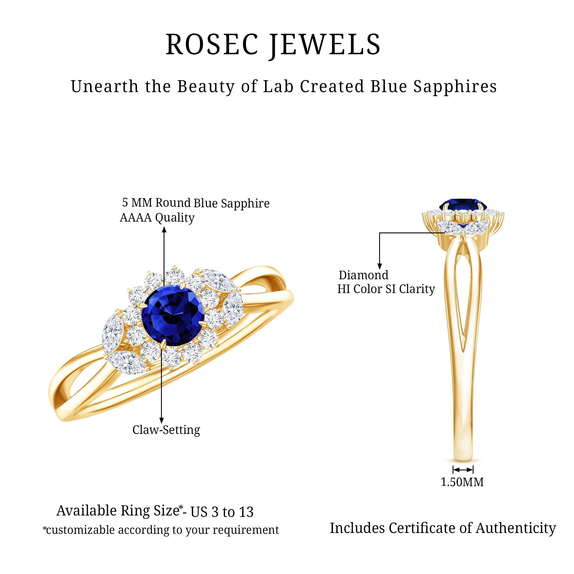 Nature Inspired 0.6 Carat Lab Grown Blue Sapphire Engagement Ring with Diamond AAAA - Rosec Jewels