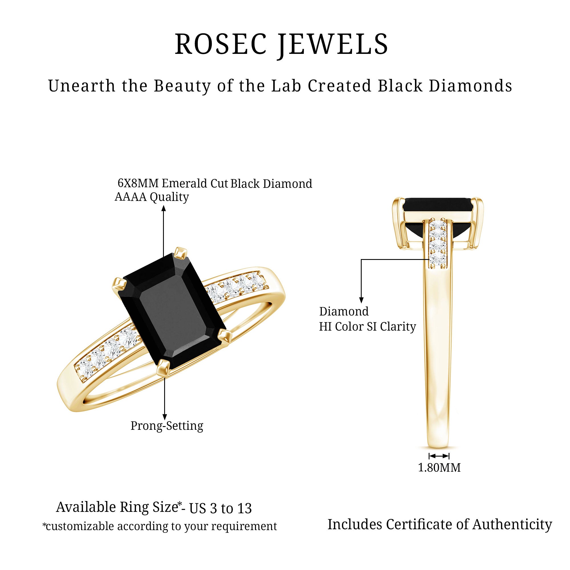 1.6 Carat Emerald Cut Lab Grown Black Diamond Solitaire Engagement Ring with White Diamond AAAA ( Synthetic ) - Rosec Jewels