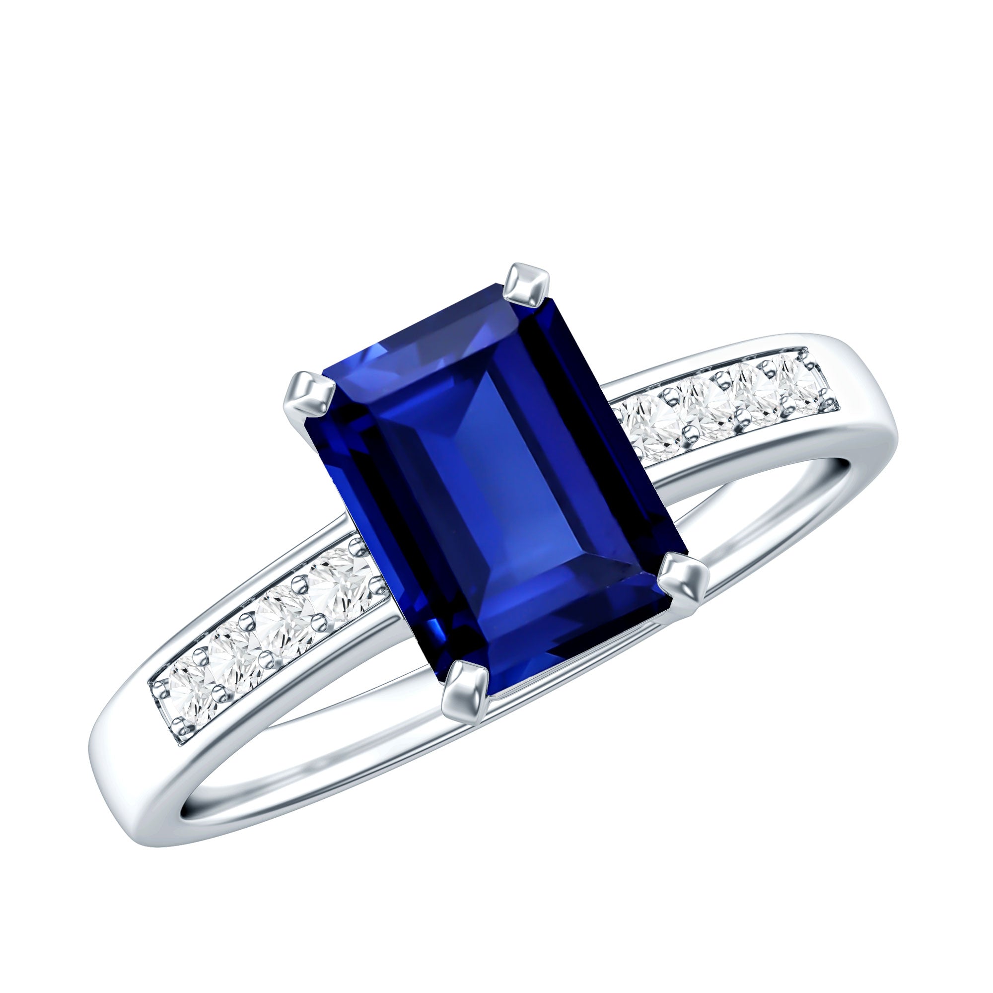 Certified 1.75 Carat Emerald Cut Lab Grown Blue Sapphire Engagement Ring with Diamond AAAA - Rosec Jewels