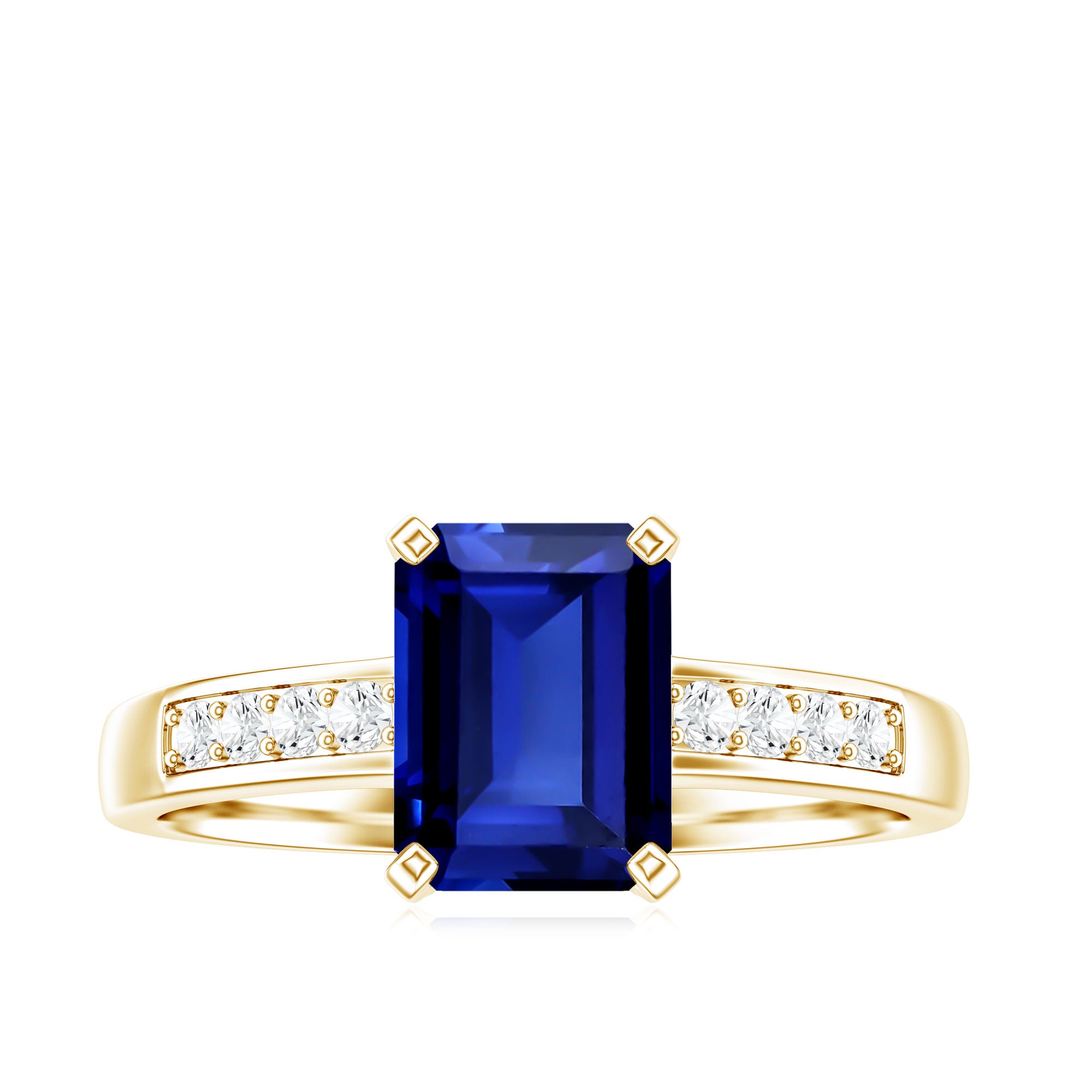 Certified 1.75 Carat Emerald Cut Lab Grown Blue Sapphire Engagement Ring with Diamond AAAA - Rosec Jewels