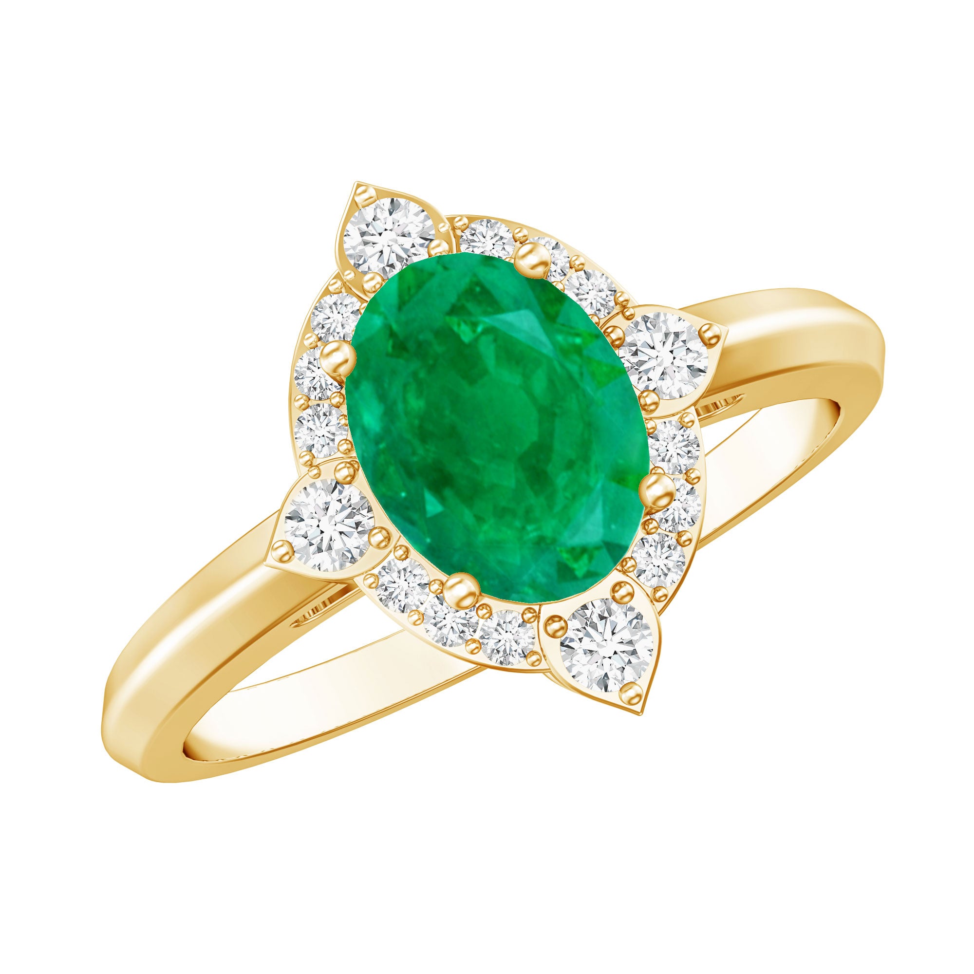 Vintage Looking Emerald Oval Engagement Ring with Diamond Halo AAA - Rosec Jewels