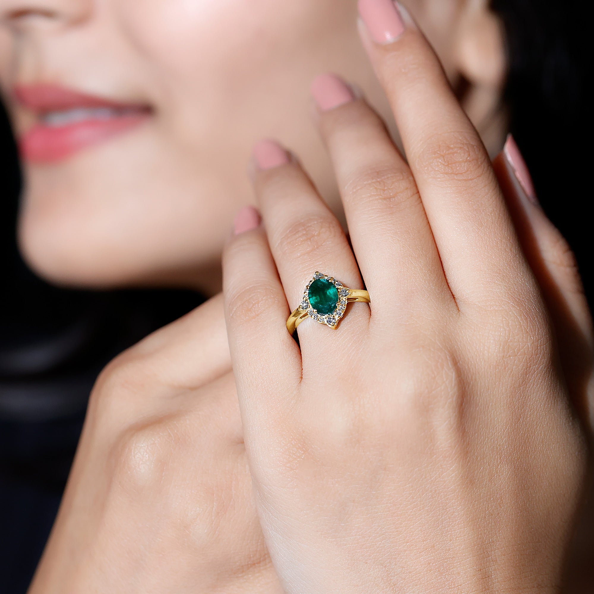Rosec Jewels-Vintage Looking Emerald Oval Engagement Ring with Diamond Halo