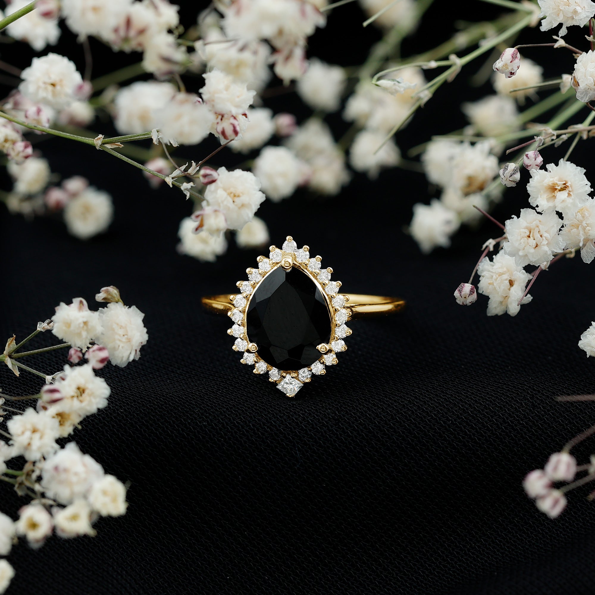 Certified 4.8 Carat Lab Grown Black Diamond Pear Shaped Engagement Ring with White Diamond Halo AAAA ( Synthetic ) - Rosec Jewels