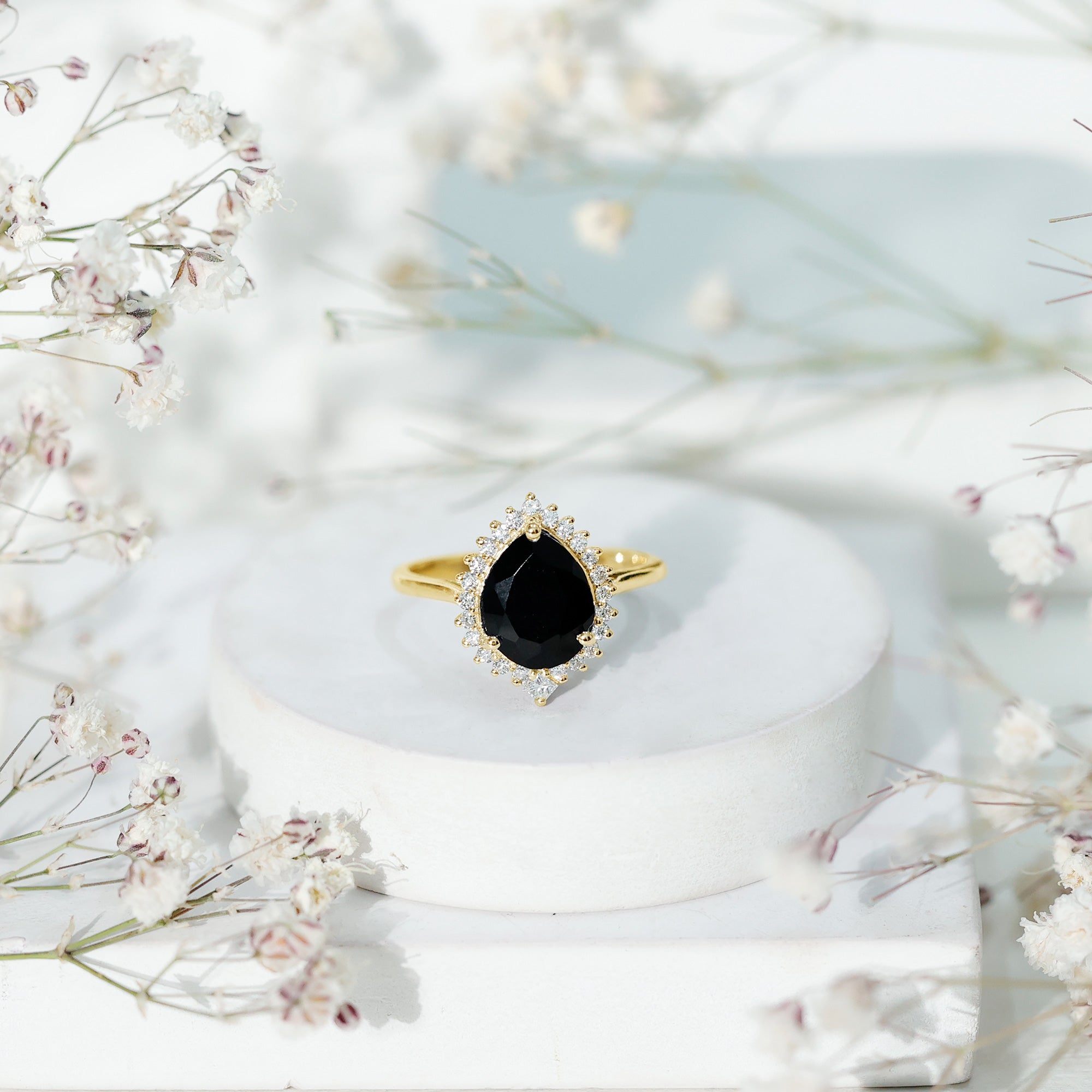 Certified 4.8 Carat Lab Grown Black Diamond Pear Shaped Engagement Ring with White Diamond Halo AAAA ( Synthetic ) - Rosec Jewels