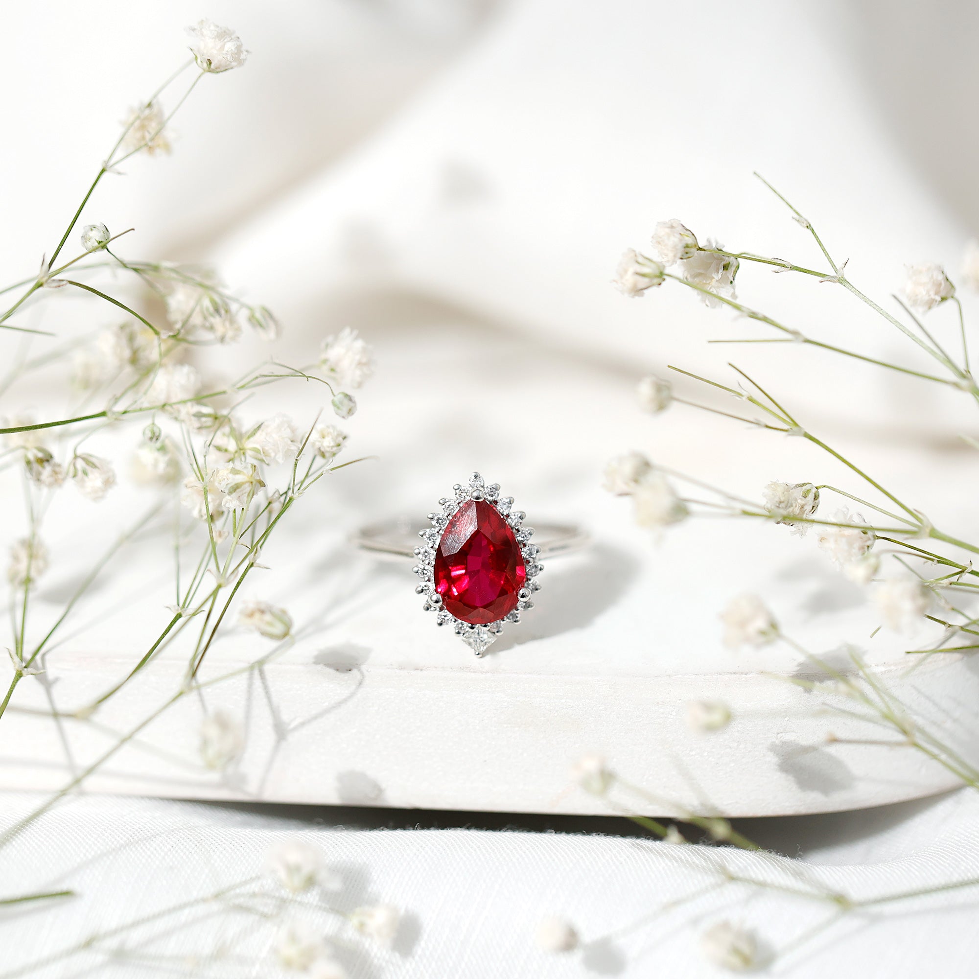 Rosec Jewels-Lab Ruby Teardrop Engagement Ring with Diamond Halo