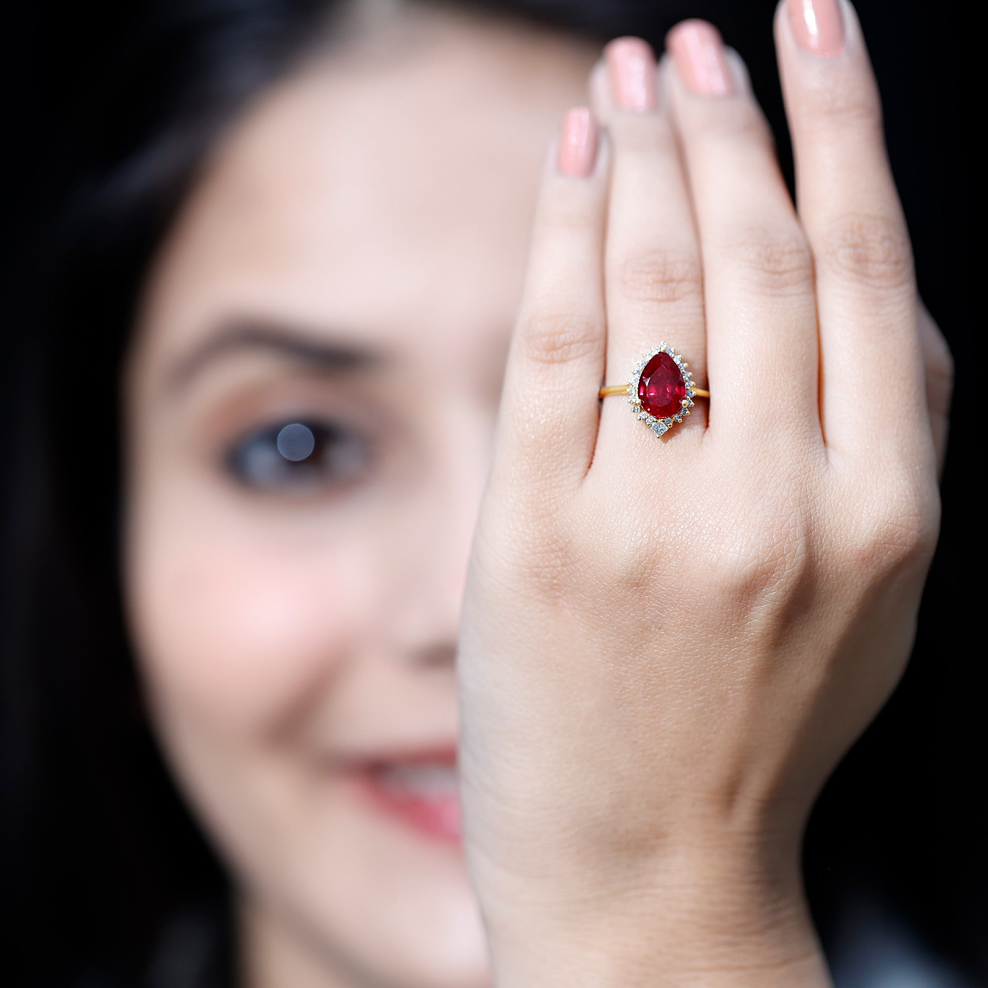 Rosec Jewels-Lab Ruby Teardrop Engagement Ring with Diamond Halo