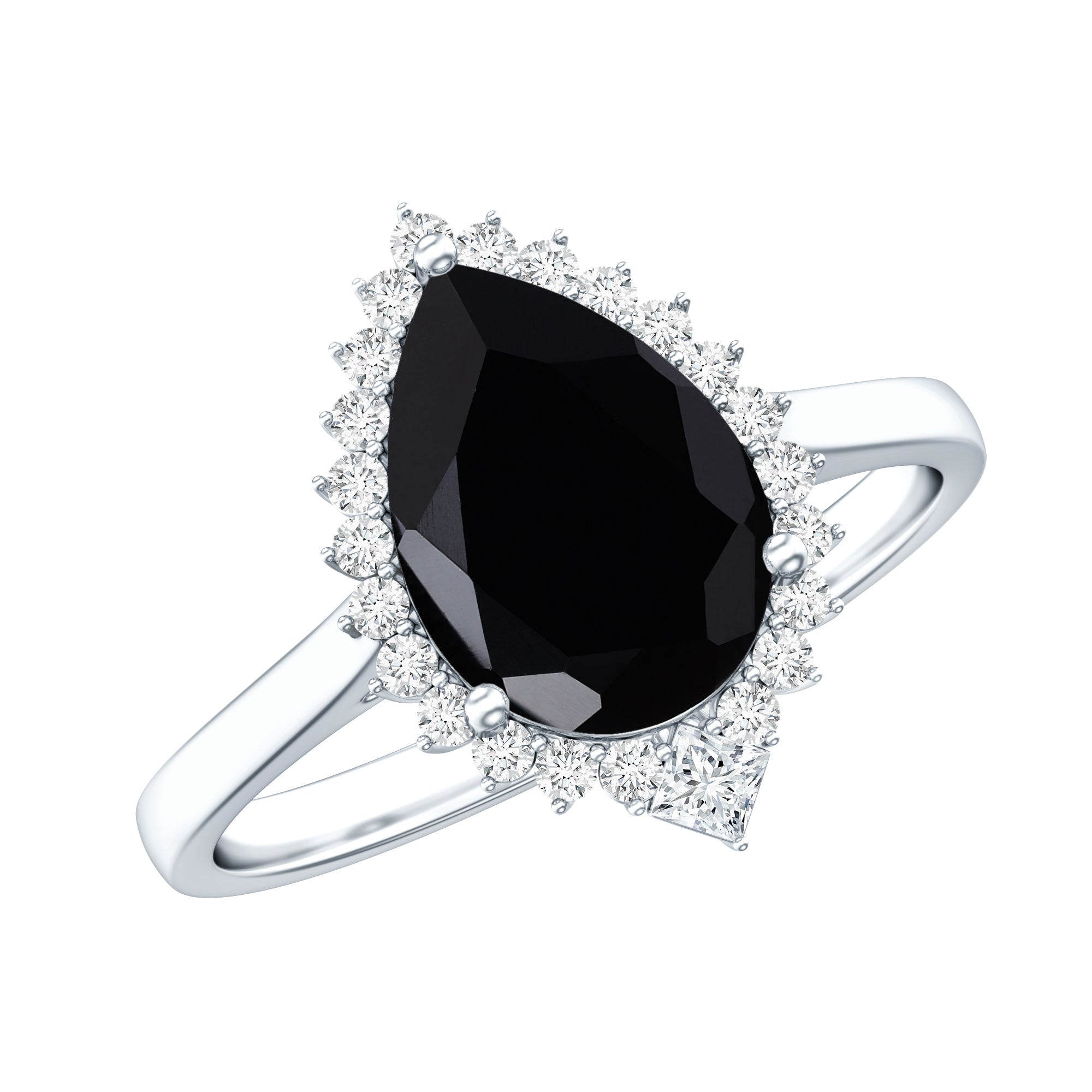 Pear Shaped Black Onyx Big Engagement Ring with Diamond Halo AAA - Rosec Jewels