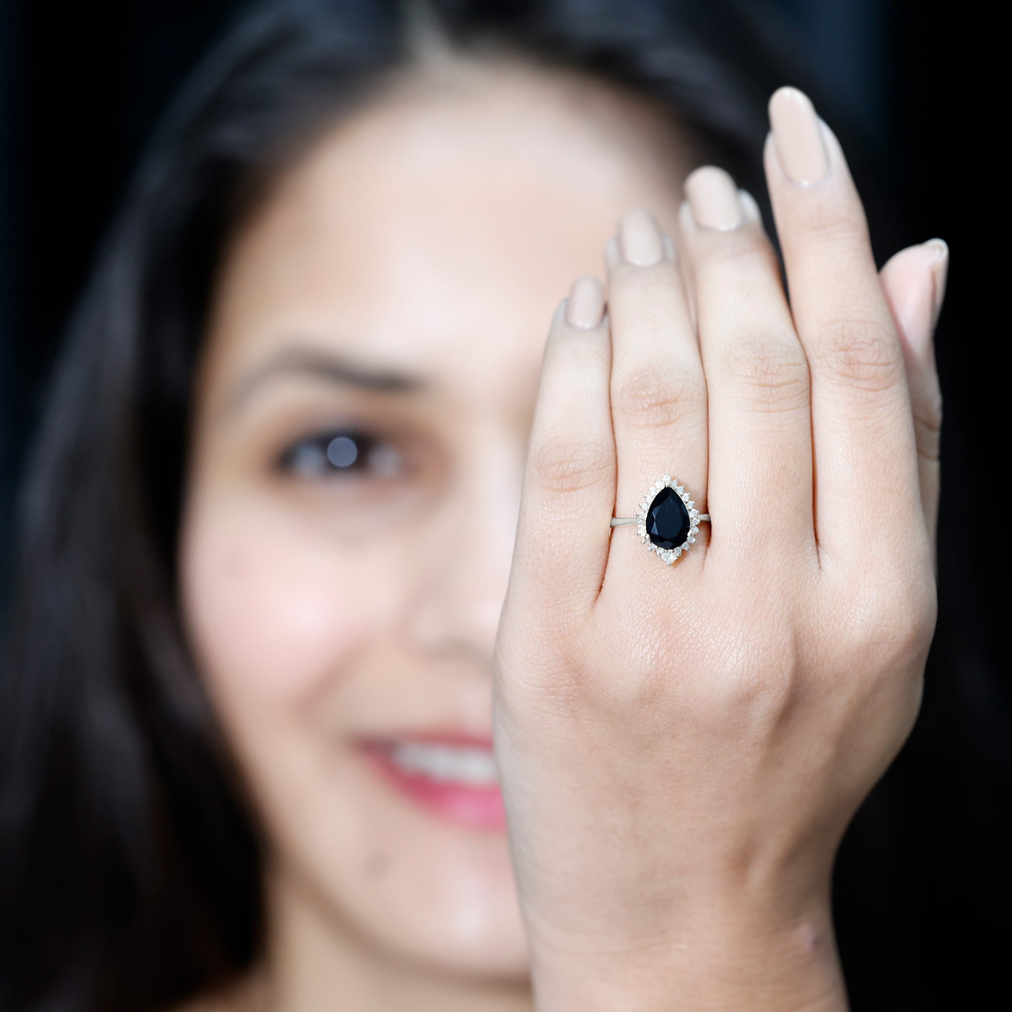 Pear Shaped Black Onyx Big Engagement Ring with Diamond Halo AAA - Rosec Jewels