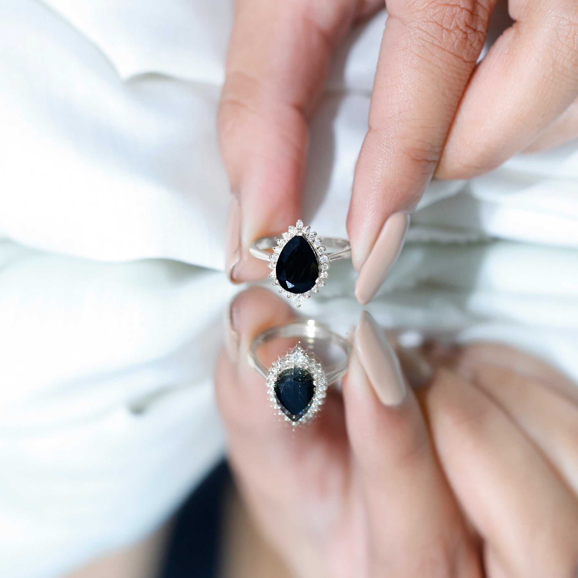 Pear Shaped Black Onyx Big Engagement Ring with Diamond Halo AAA - Rosec Jewels