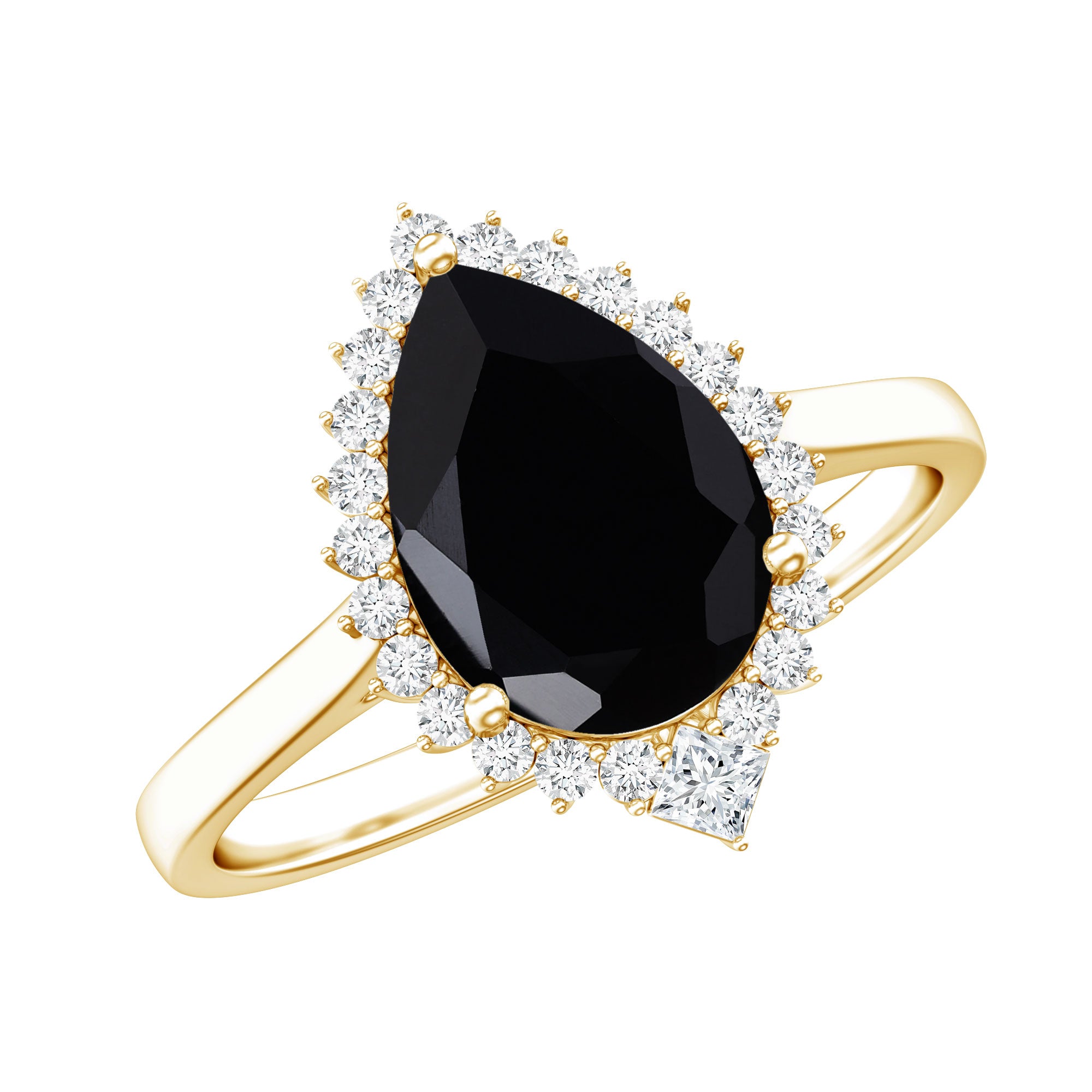 Pear Shaped Black Onyx Big Engagement Ring with Diamond Halo AAA - Rosec Jewels