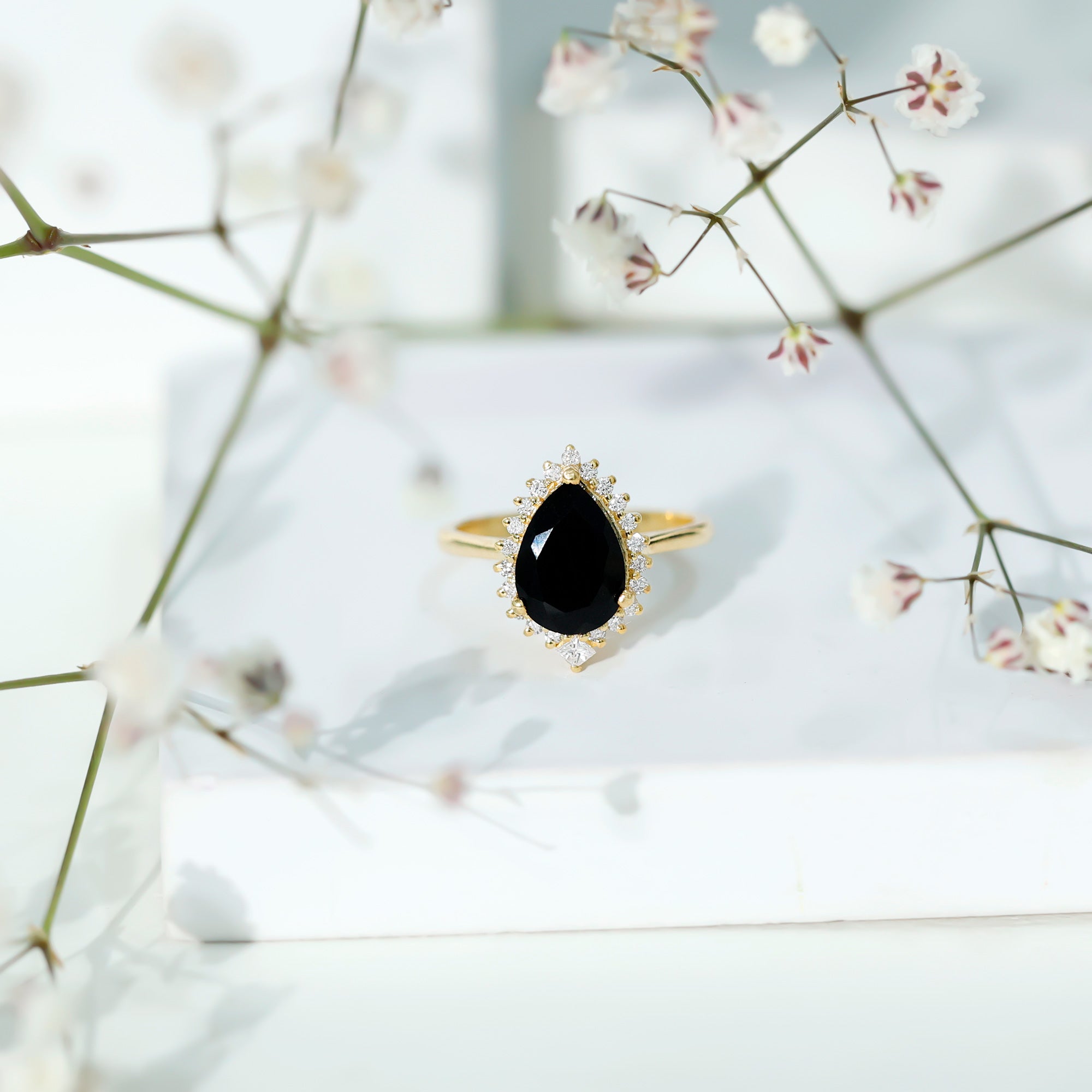 Pear Shaped Black Onyx Big Engagement Ring with Diamond Halo AAA - Rosec Jewels
