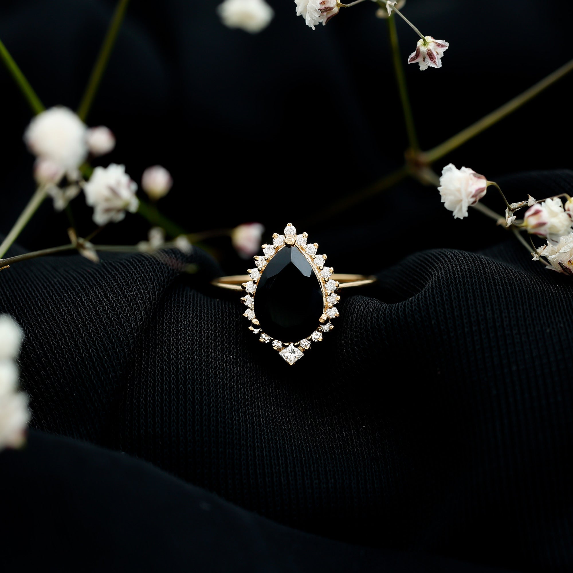 Pear Shaped Black Onyx Big Engagement Ring with Diamond Halo AAA - Rosec Jewels