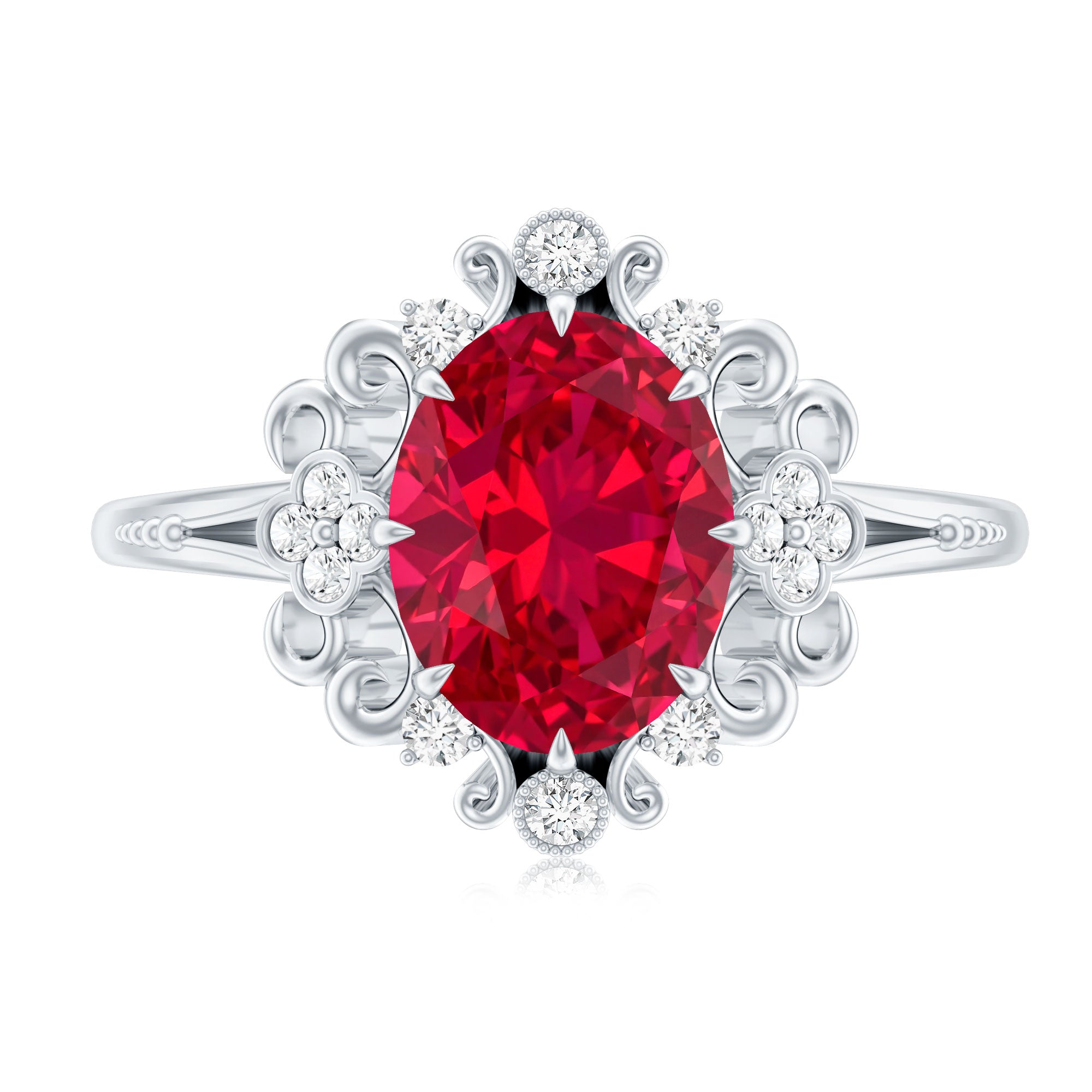 Vintage Inspired Lab Created Ruby and Diamond Engagement Ring AAAA - Rosec Jewels