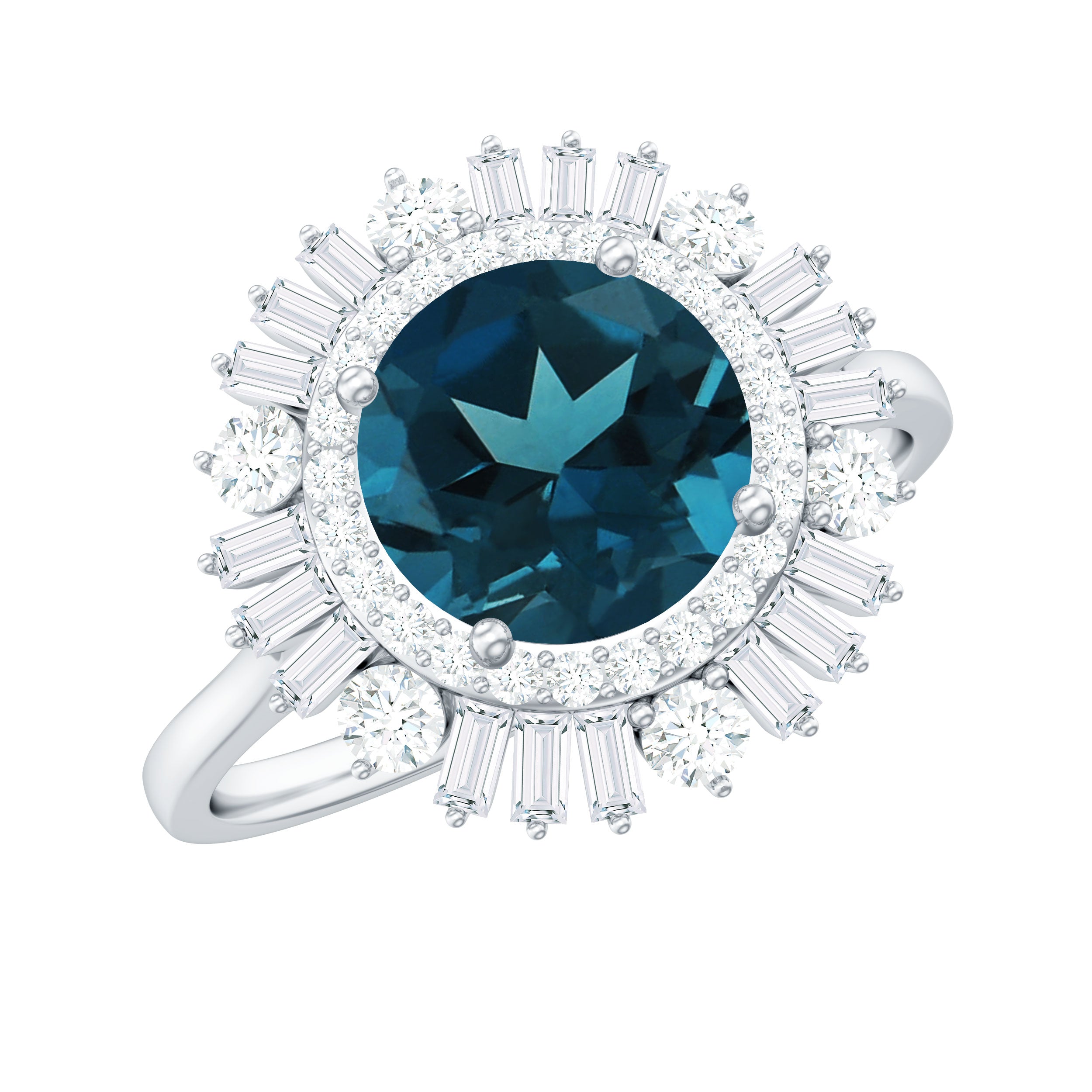 Round London Blue Topaz and Diamond Double Halo Cocktail Ring