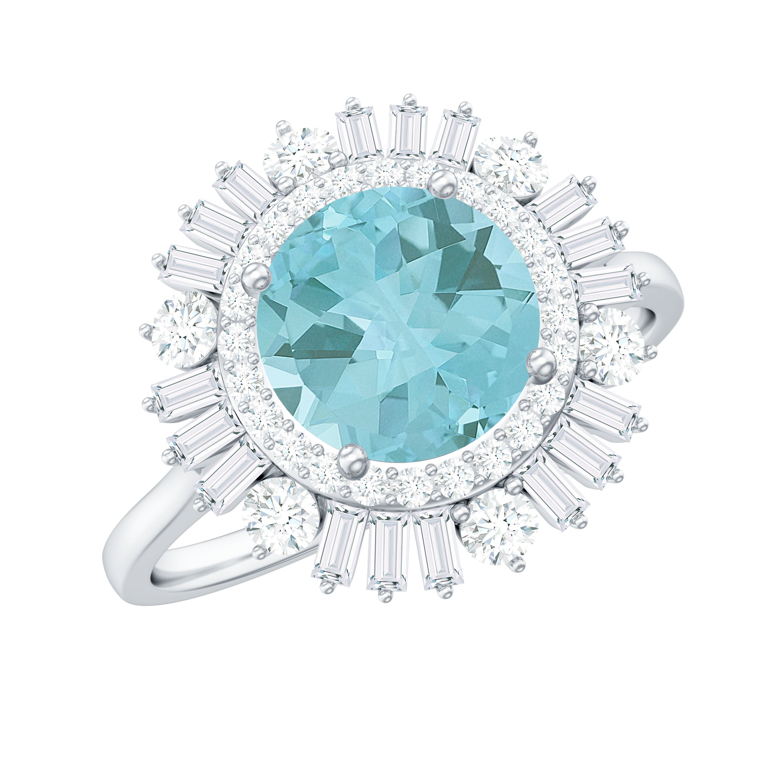 2 CT Round Sky Blue Topaz Cocktail Ring with Moissanite Double Halo