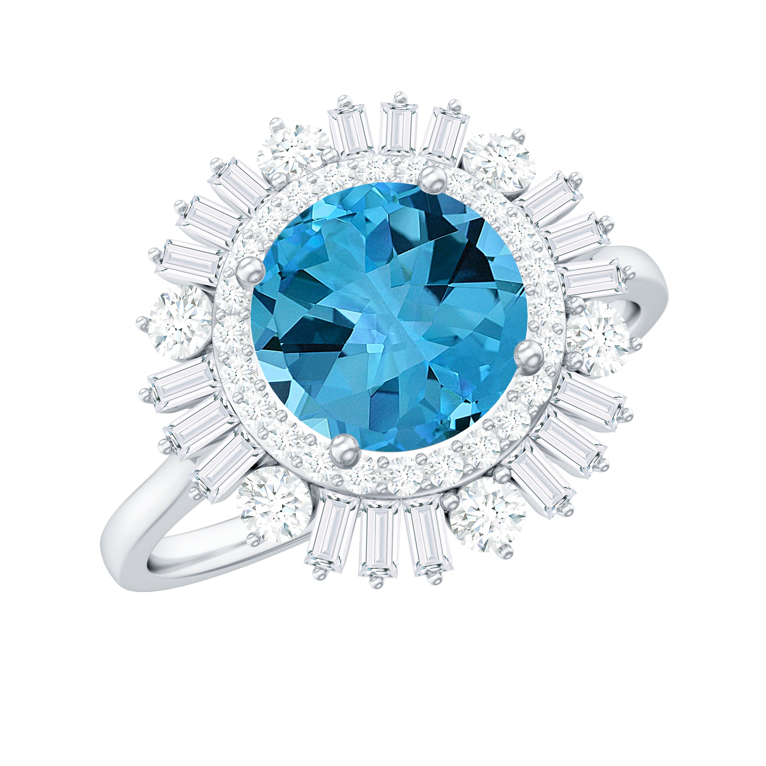 Round Swiss Blue Topaz Cocktail Ring with Moissanite Double Halo