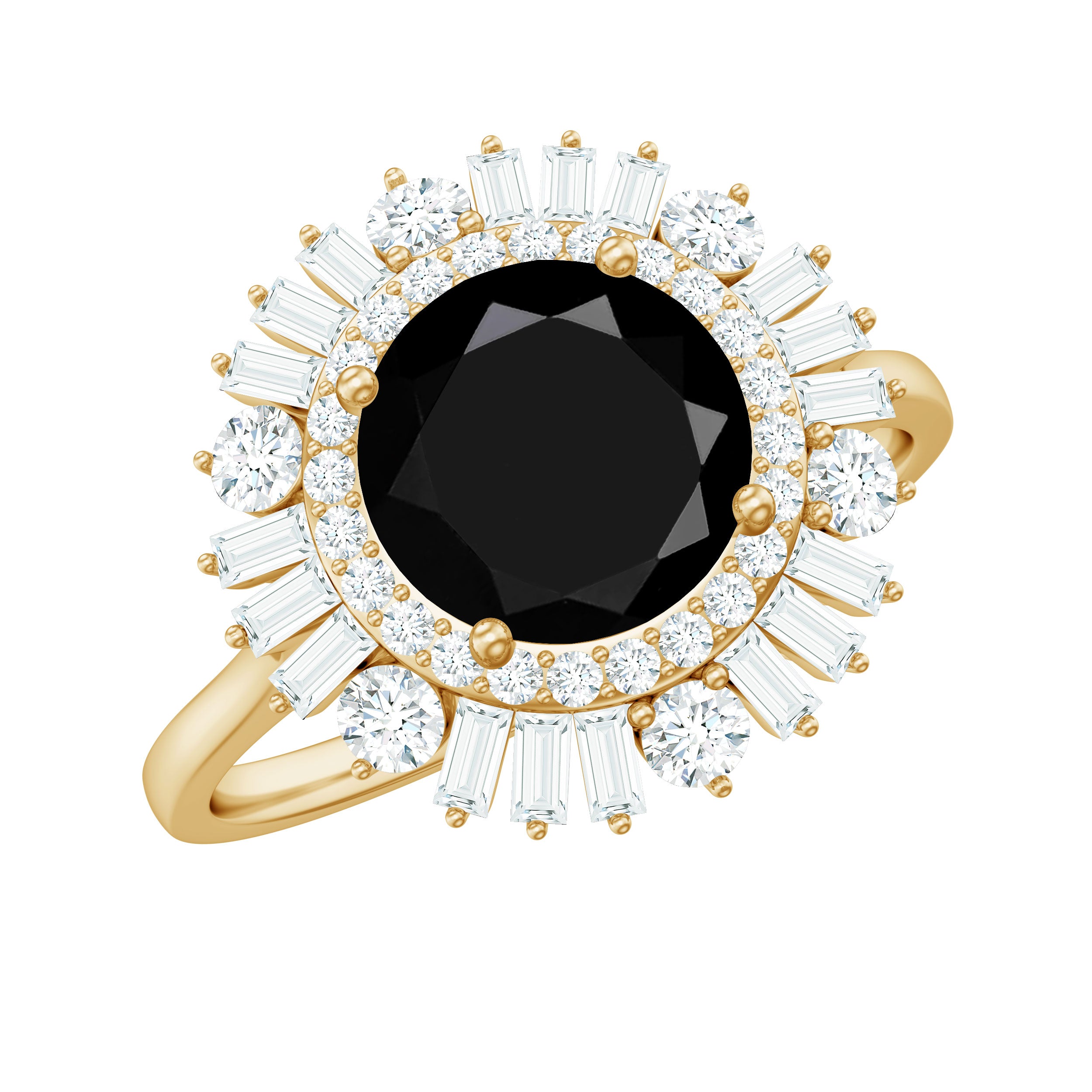 7mm Round Black Onyx Double Halo Cocktail Ring with Moissanite AAA - Rosec Jewels