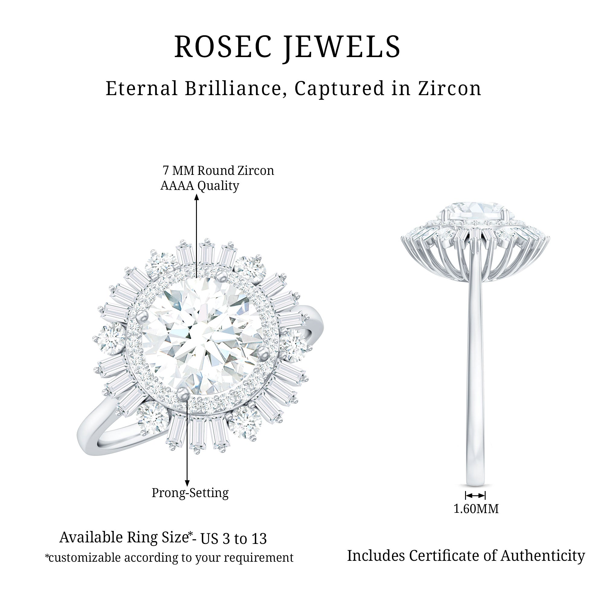 1.3 Carat Zircon Cocktail Engagement Ring with Double Halo AAAA - Rosec Jewels