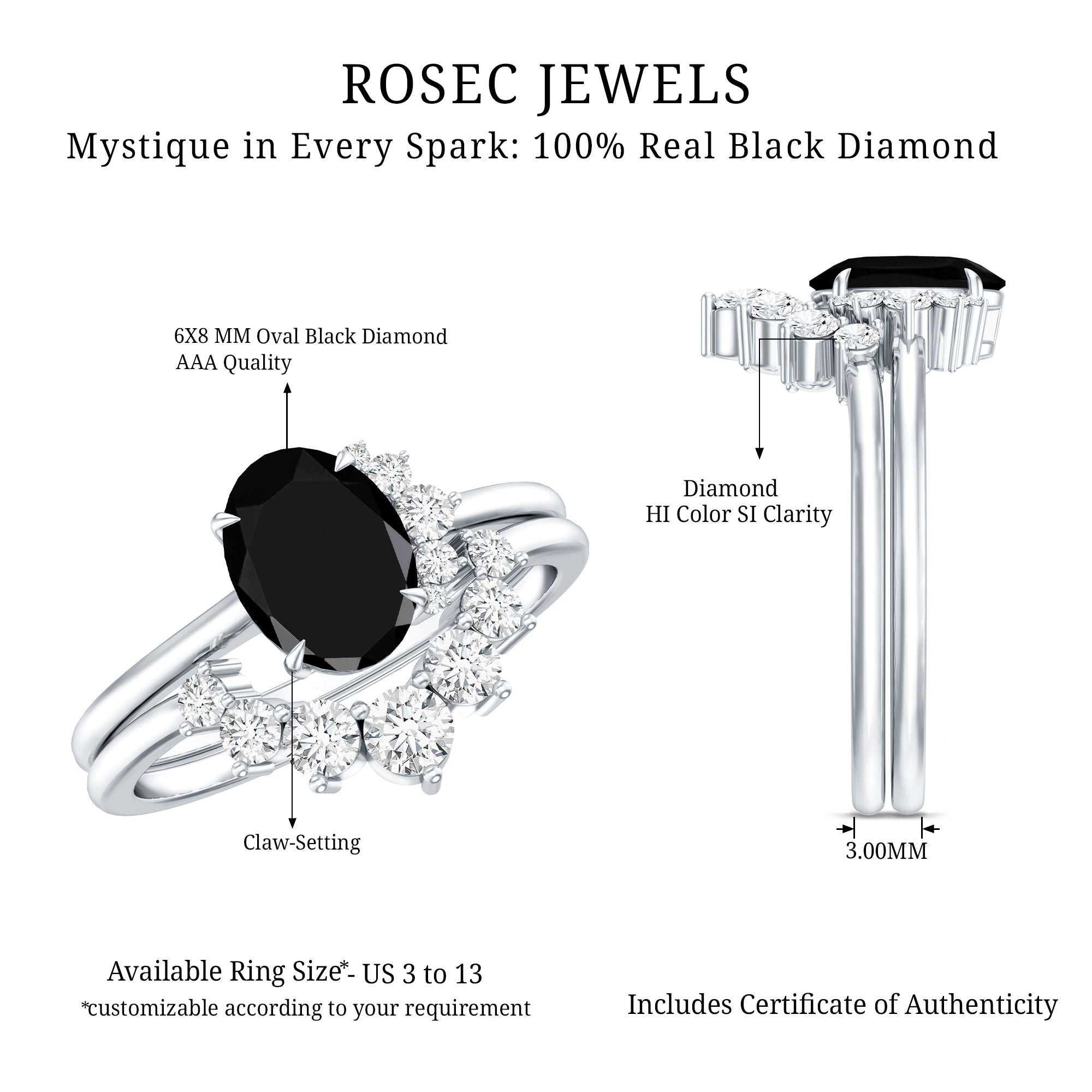 Created Black Diamond Oval Engagement Ring Set with Diamond AAAA ( Synthetic ) - Rosec Jewels
