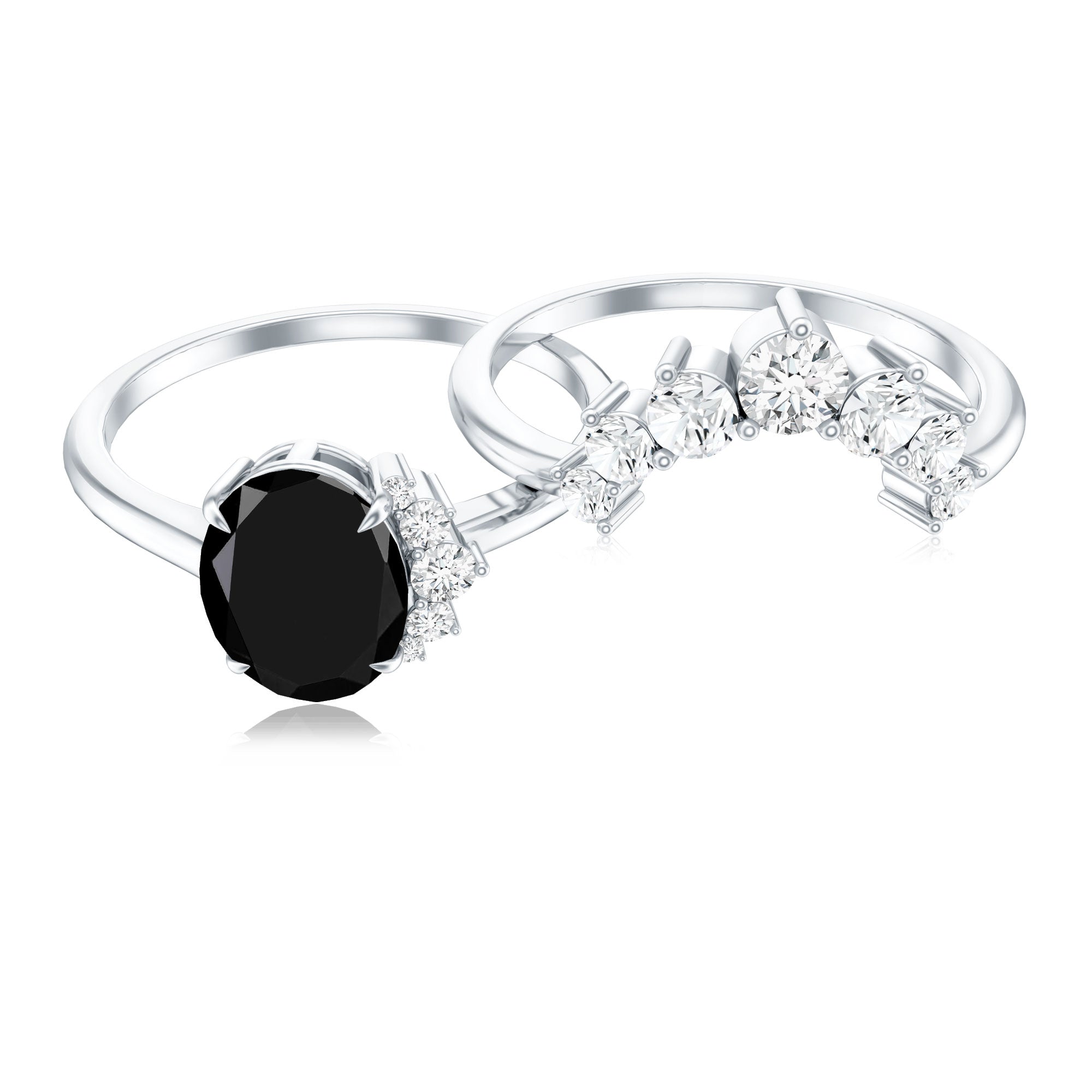Created Black Diamond Oval Engagement Ring Set with Diamond AAAA ( Synthetic ) - Rosec Jewels