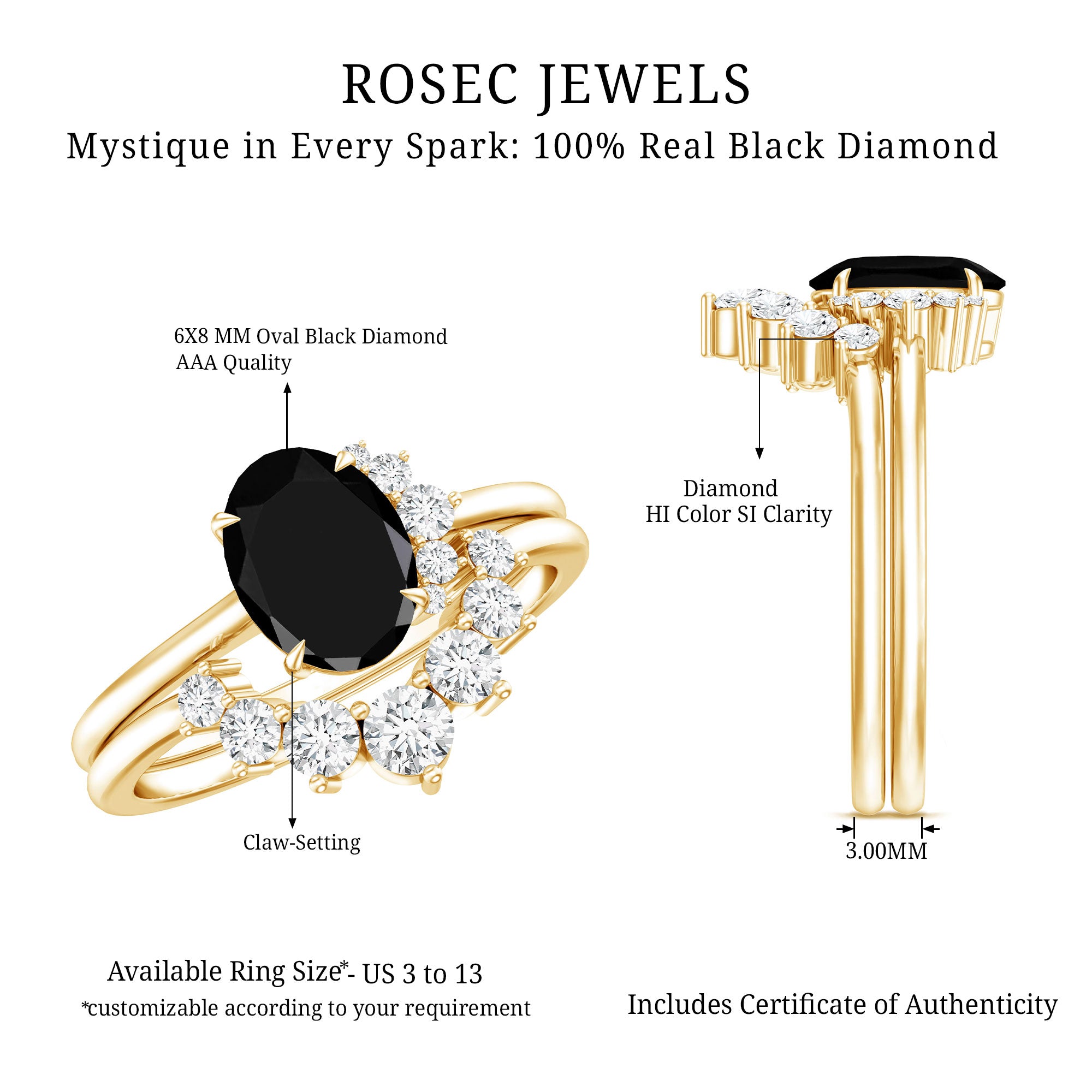 Created Black Diamond Oval Engagement Ring Set with Diamond AAAA ( Synthetic ) - Rosec Jewels