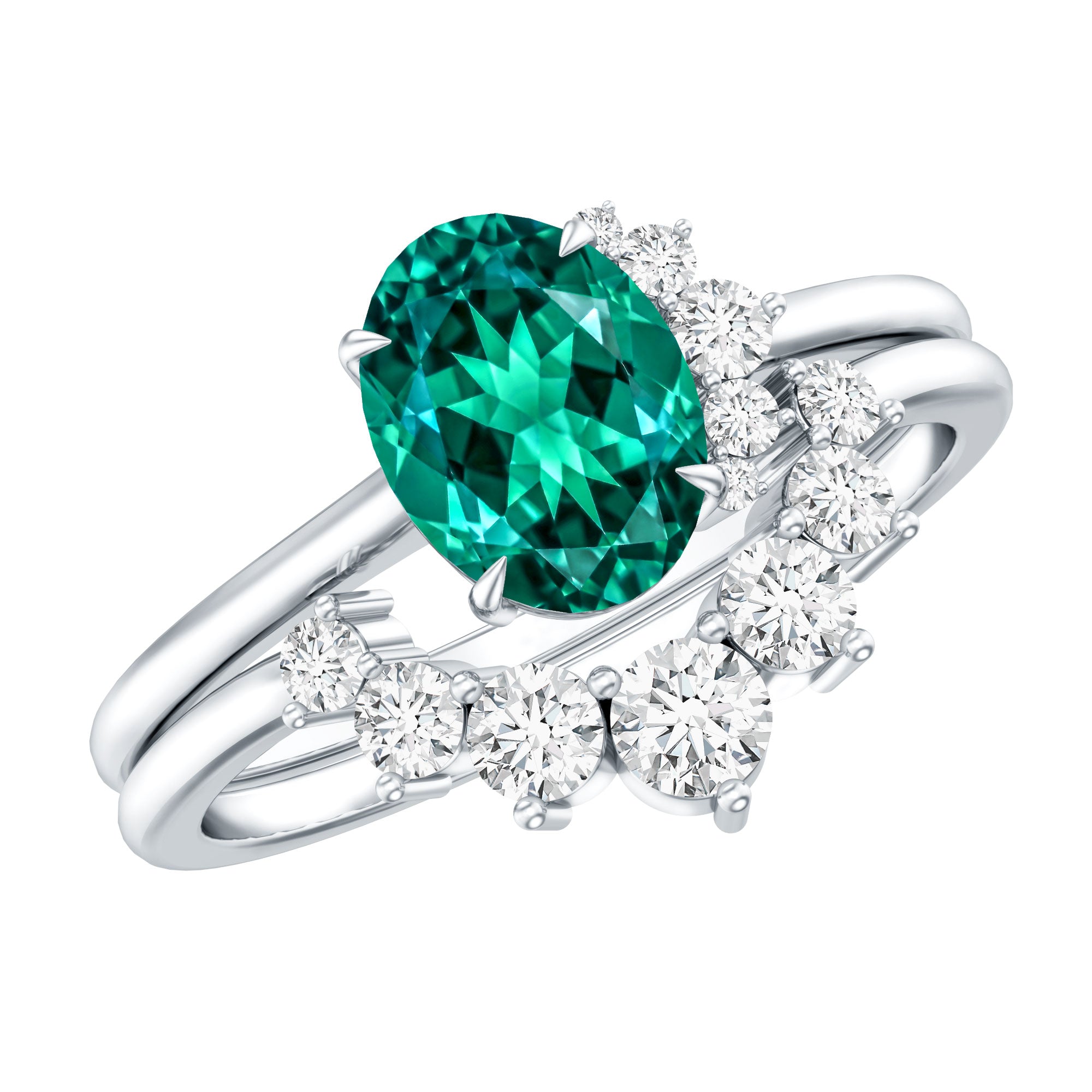 Designer Lab Grown Emerald Oval Engagement Ring with Diamond Enhancer AAAA - Rosec Jewels