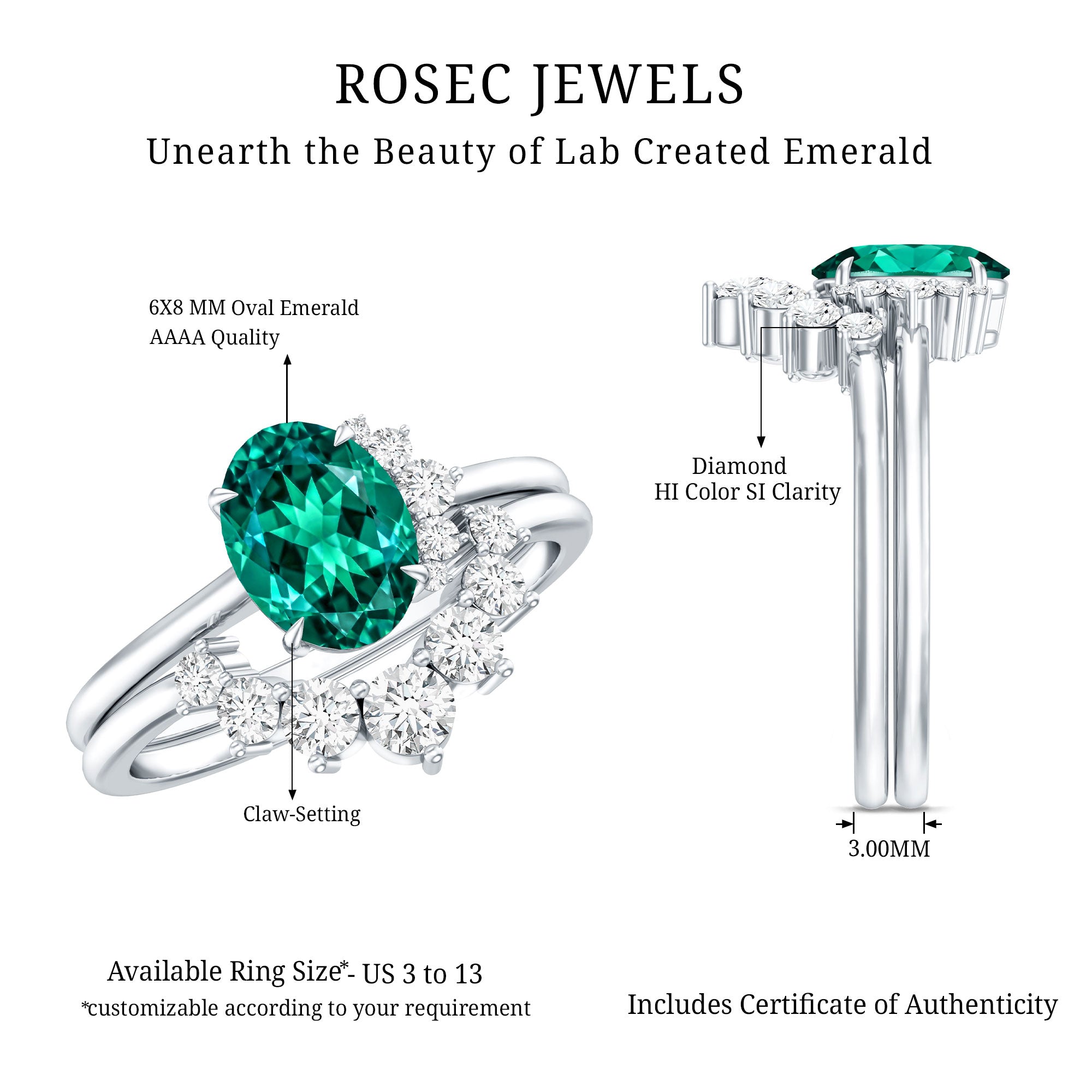 Designer Lab Grown Emerald Oval Engagement Ring with Diamond Enhancer AAAA - Rosec Jewels