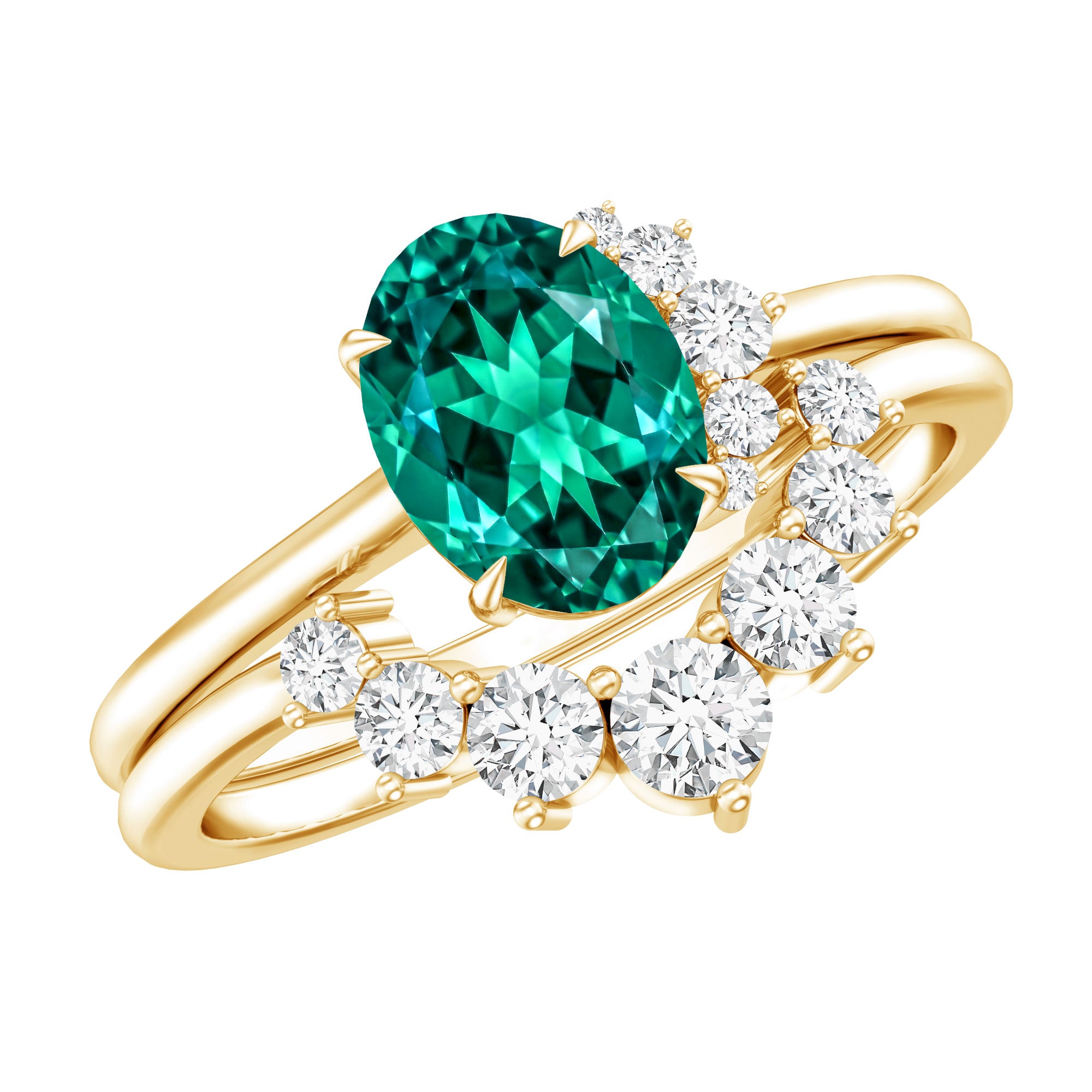 Designer Lab Grown Emerald Oval Engagement Ring with Diamond Enhancer AAAA - Rosec Jewels