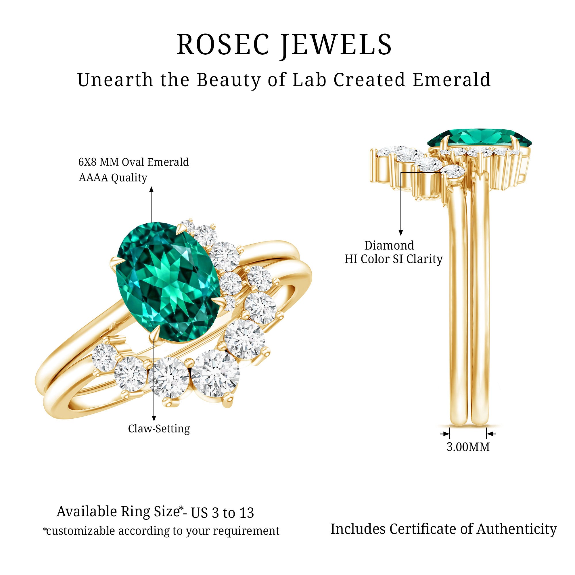 Designer Lab Grown Emerald Oval Engagement Ring with Diamond Enhancer AAAA - Rosec Jewels