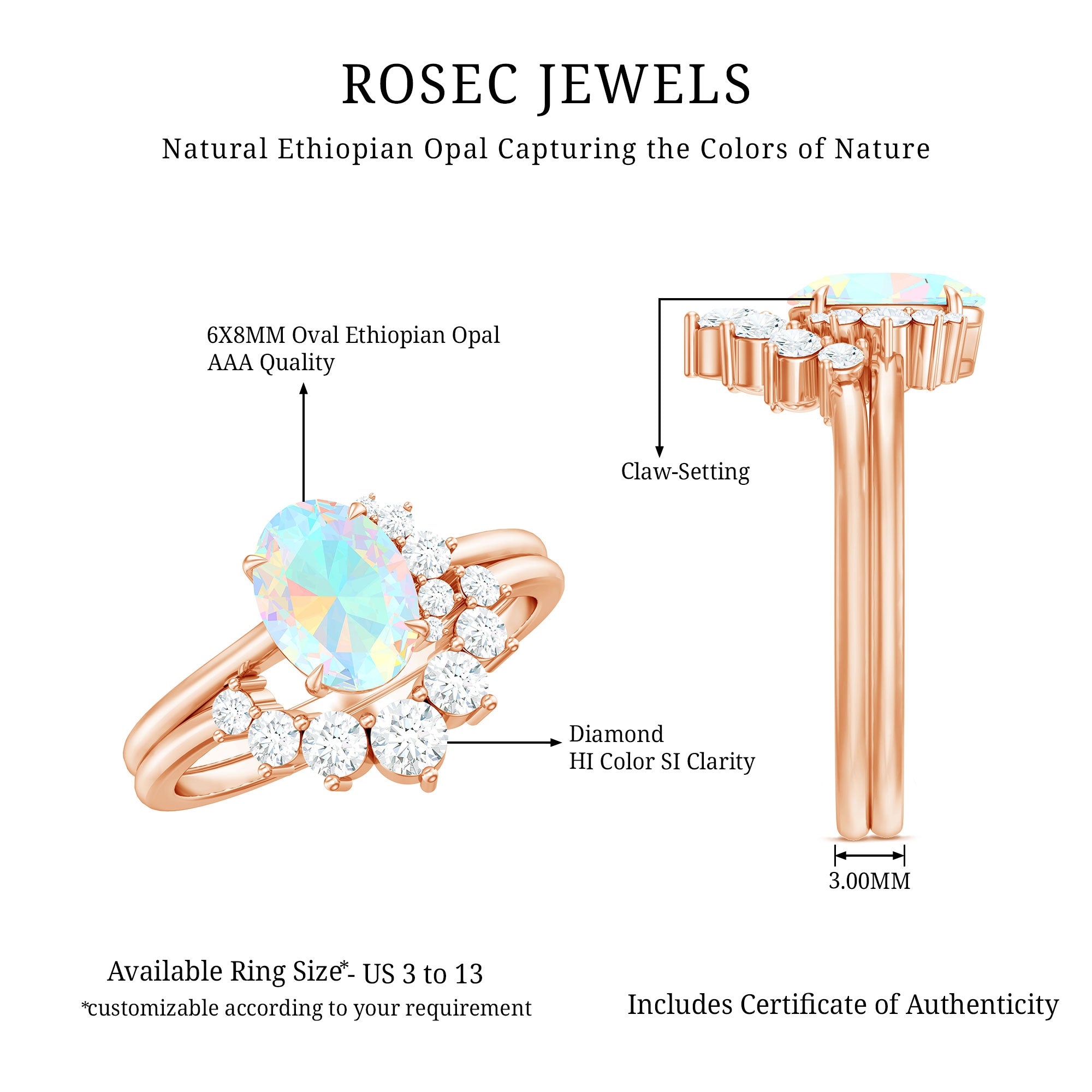Real Ethiopian Opal Diamond Oval Engagement Ring and Wedding Band Set AAA - Rosec Jewels