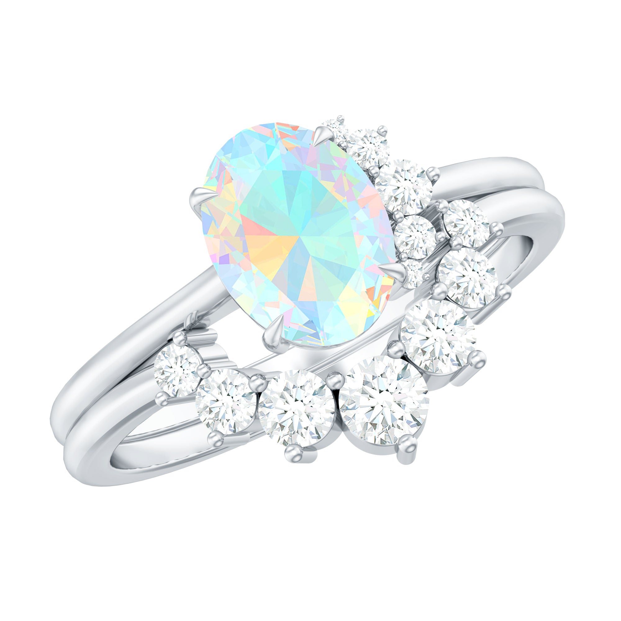 Real Ethiopian Opal Diamond Oval Engagement Ring and Wedding Band Set