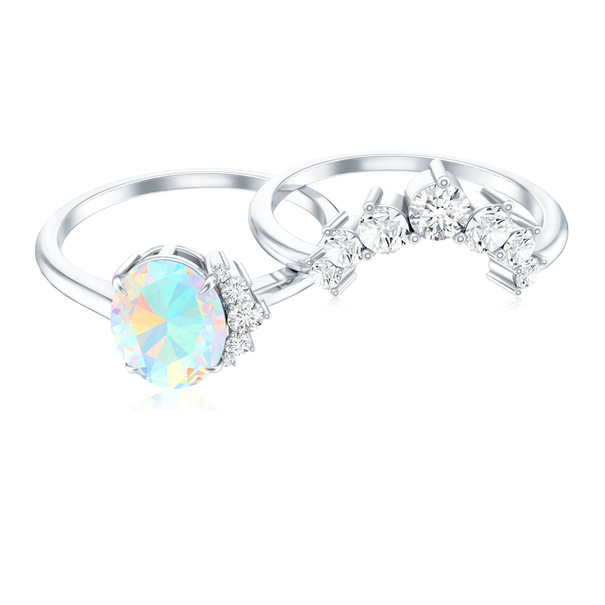 Real Ethiopian Opal Diamond Oval Engagement Ring and Wedding Band Set AAA - Rosec Jewels