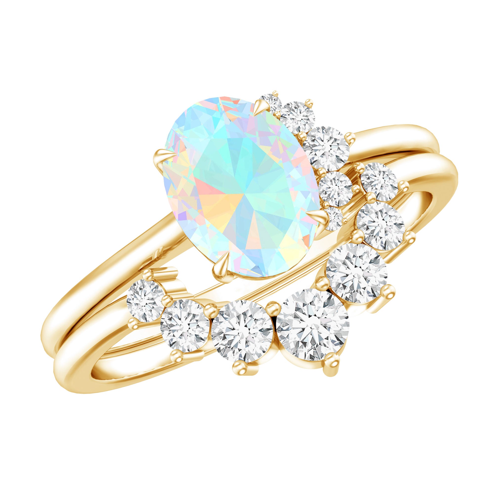 Real Ethiopian Opal Diamond Oval Engagement Ring and Wedding Band Set AAA - Rosec Jewels