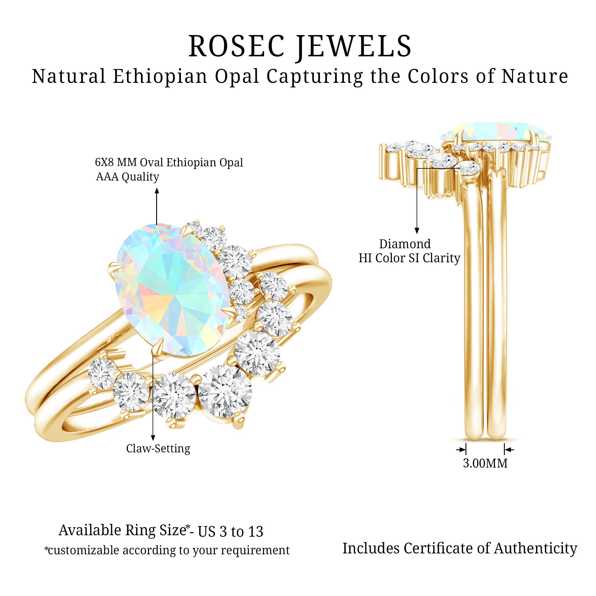Real Ethiopian Opal Diamond Oval Engagement Ring and Wedding Band Set AAA - Rosec Jewels