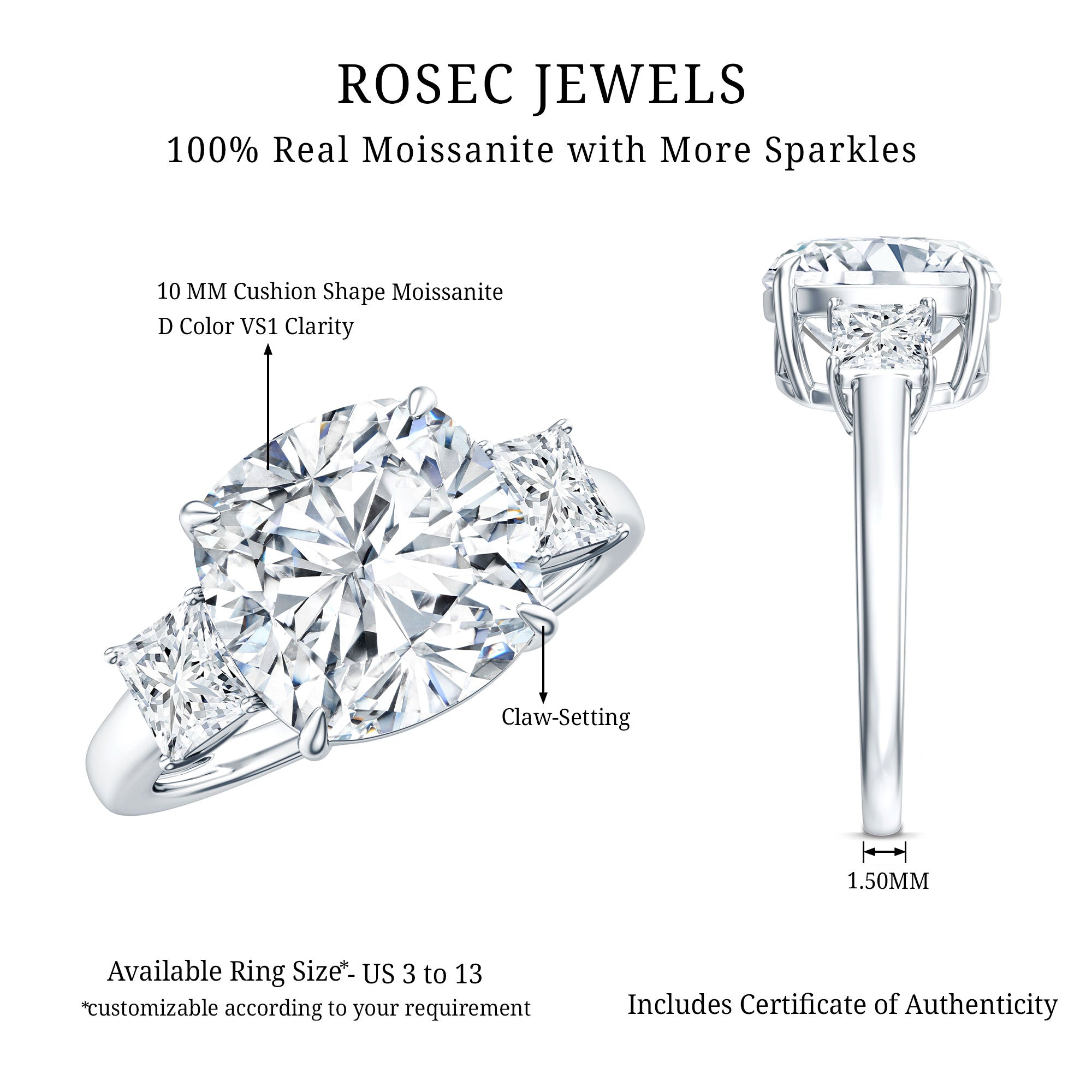 Cushion Moissanite Huge Engagement Ring D-VS1 - Rosec Jewels