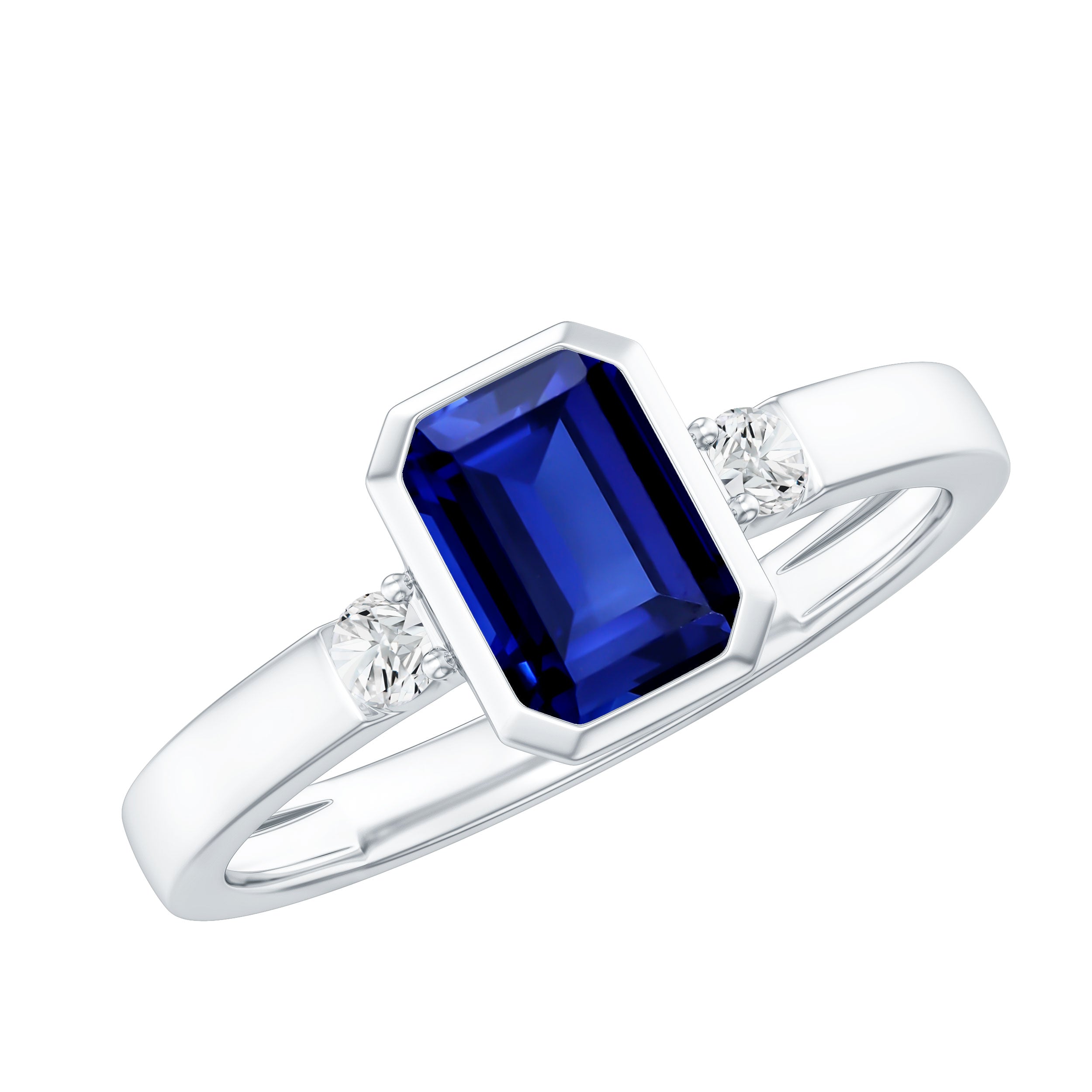 Bezel Set 1.75 Carat Lab Grown Blue Sapphire Emerald Cut Engagement Ring with Diamond AAAA - Rosec Jewels