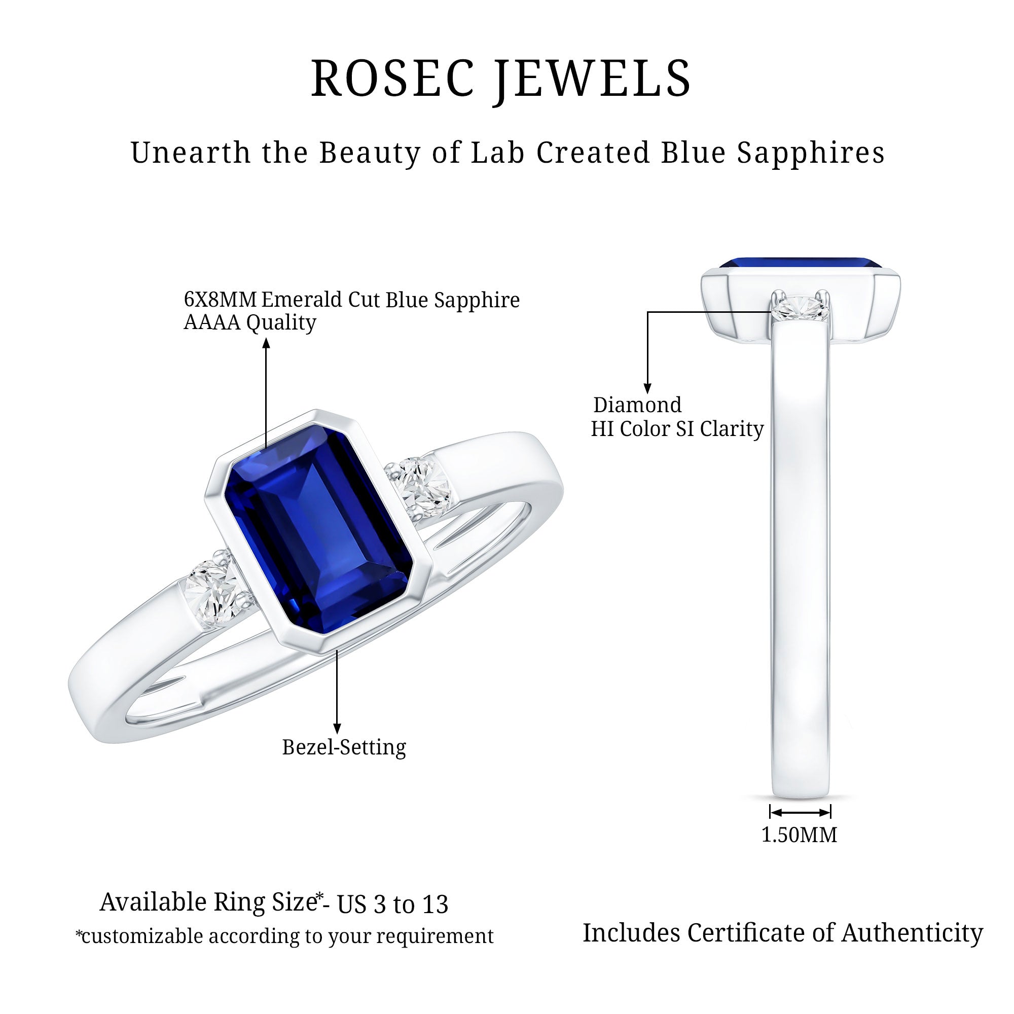 Bezel Set 1.75 Carat Lab Grown Blue Sapphire Emerald Cut Engagement Ring with Diamond AAAA - Rosec Jewels