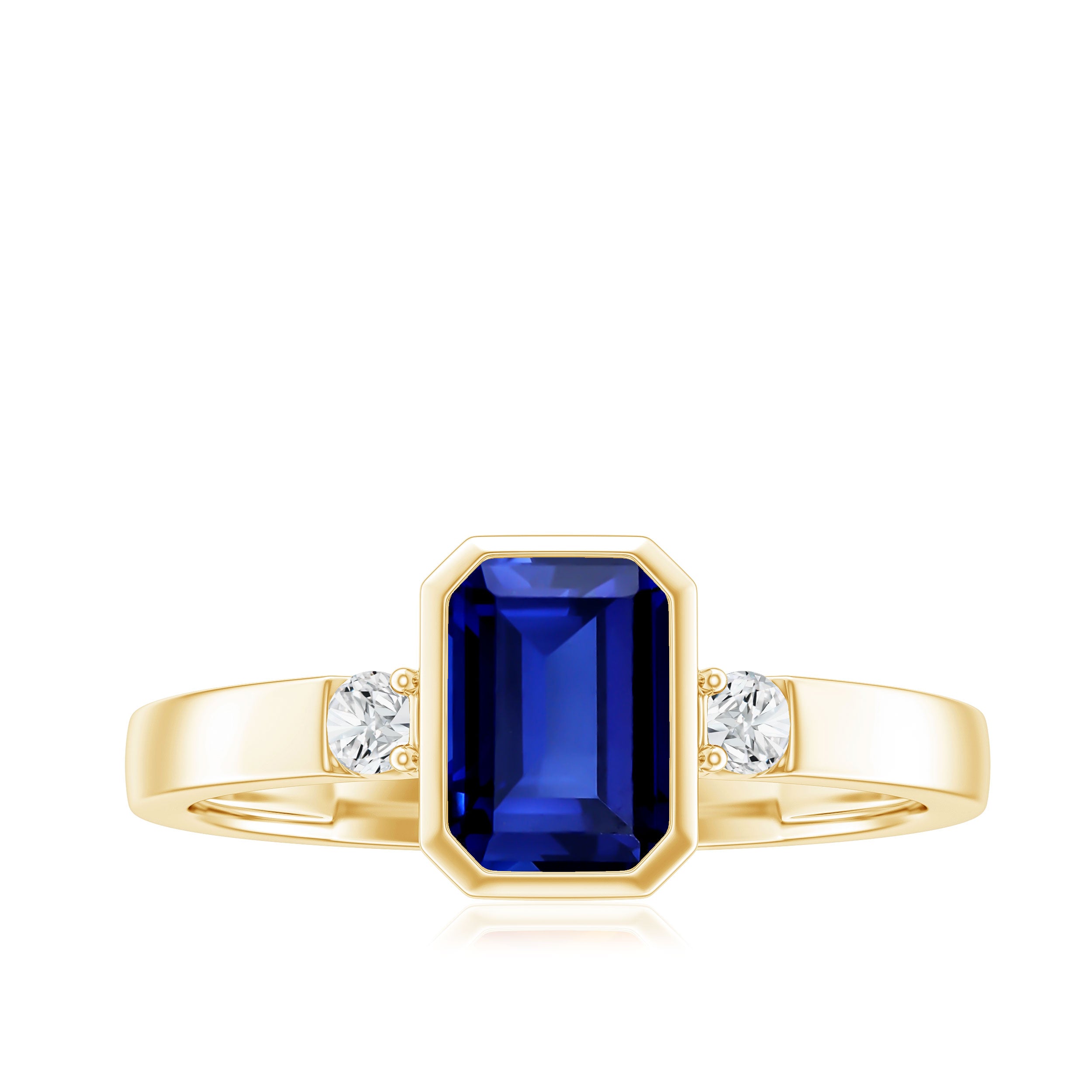 Bezel Set 1.75 Carat Lab Grown Blue Sapphire Emerald Cut Engagement Ring with Diamond AAAA - Rosec Jewels