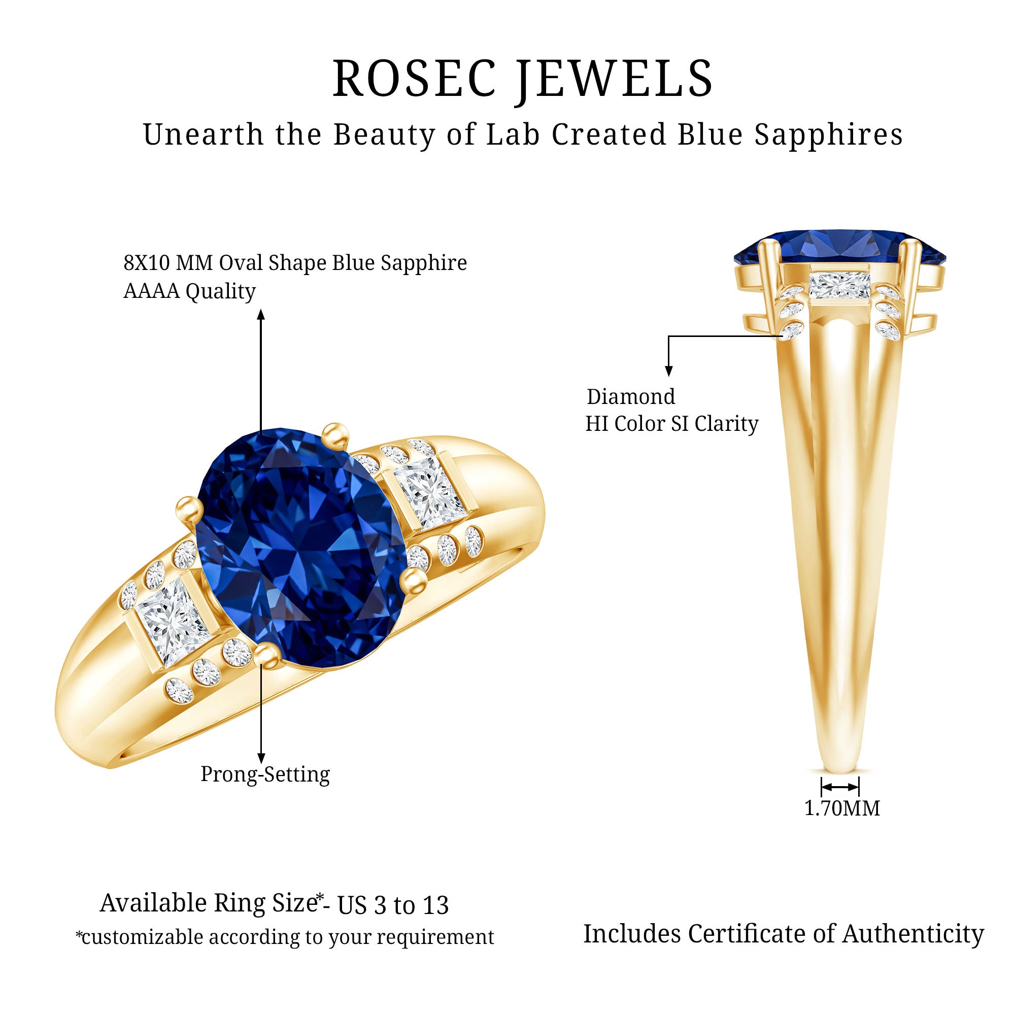 Certified Oval 4 Carat Lab Grown Blue Sapphire Statement Engagement Ring with Diamond AAAA - Rosec Jewels